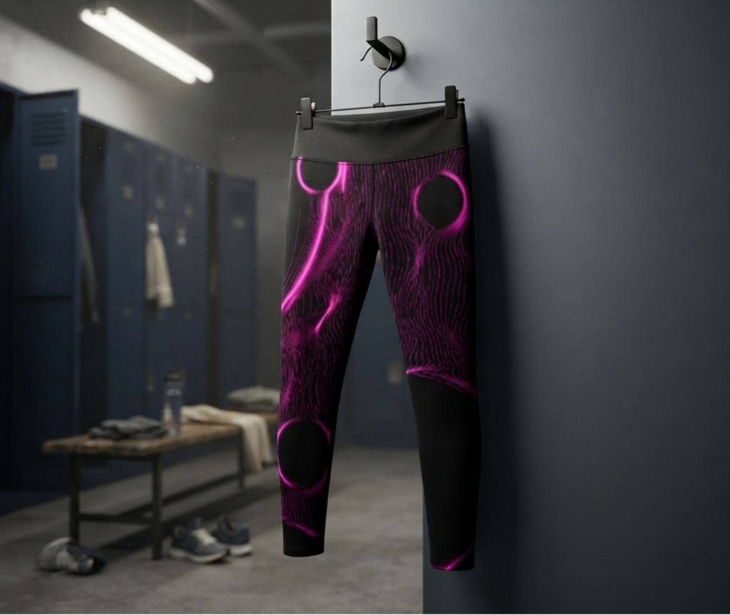 A pair of black athletic leggings with a glowing neon pink abstract circular pattern, hanging from a hook on a dark gray wall in a locker room.