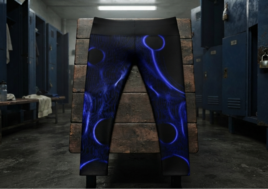 A pair of black leggings with glowing blue abstract circular patterns, displayed on a wooden block stand inside a dark locker room.