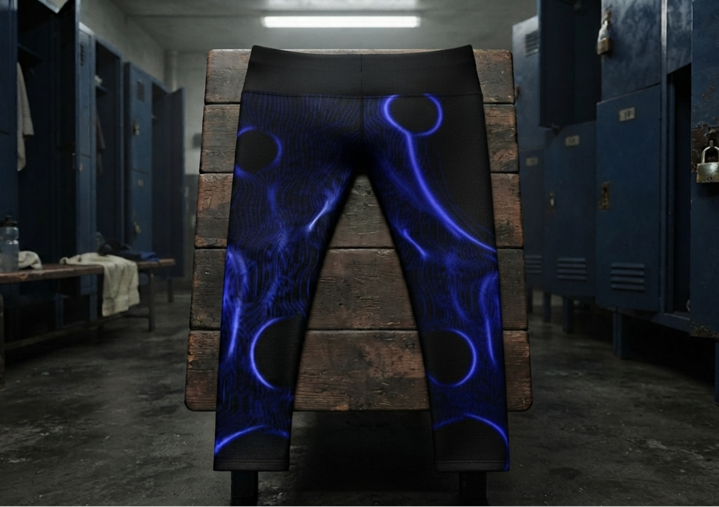 A pair of black leggings with glowing blue abstract circular patterns, displayed on a wooden block stand inside a dark locker room.