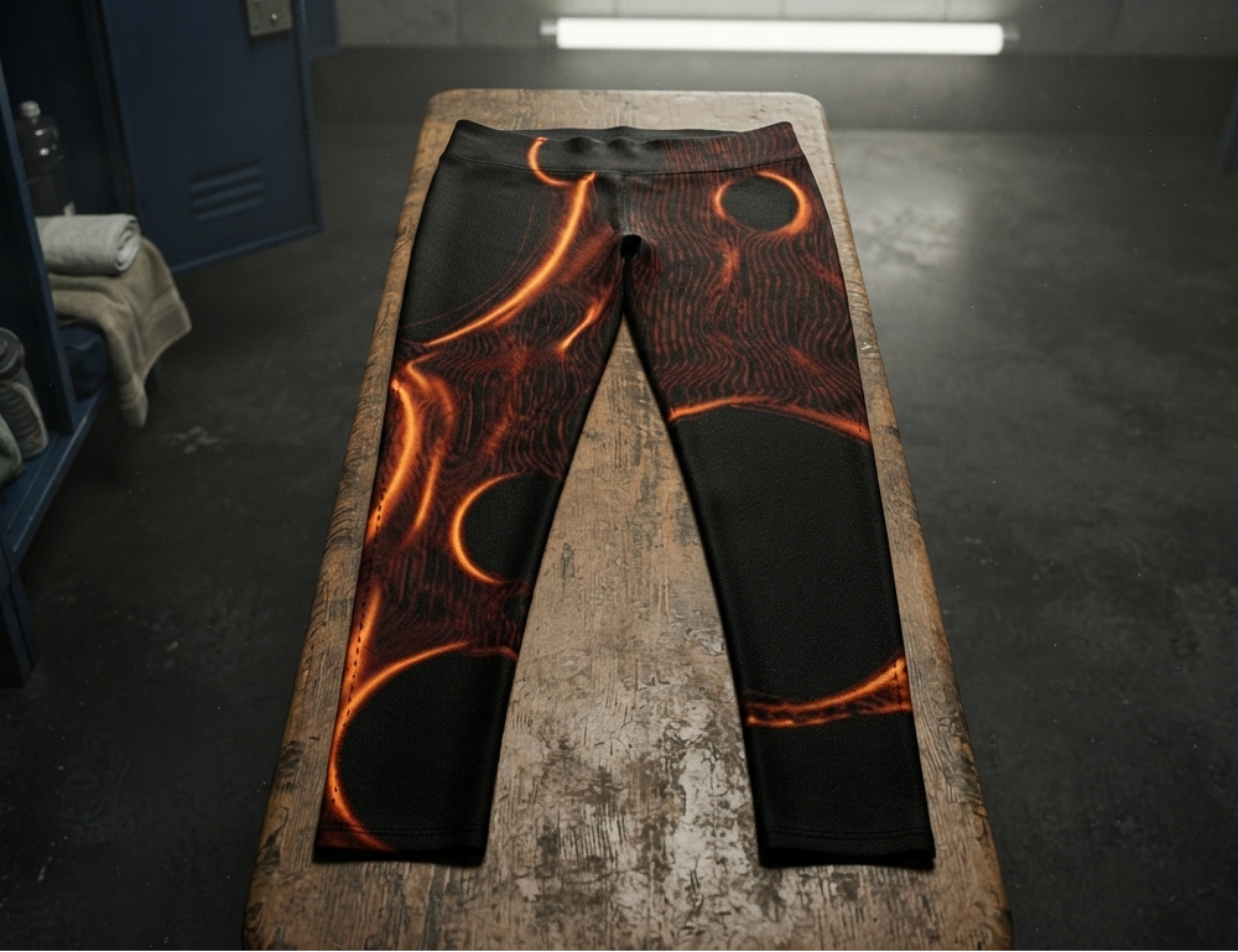 Black leggings with a glowing orange abstract circular pattern, laid flat on a worn wooden table inside a locker room with blue lockers in the background.