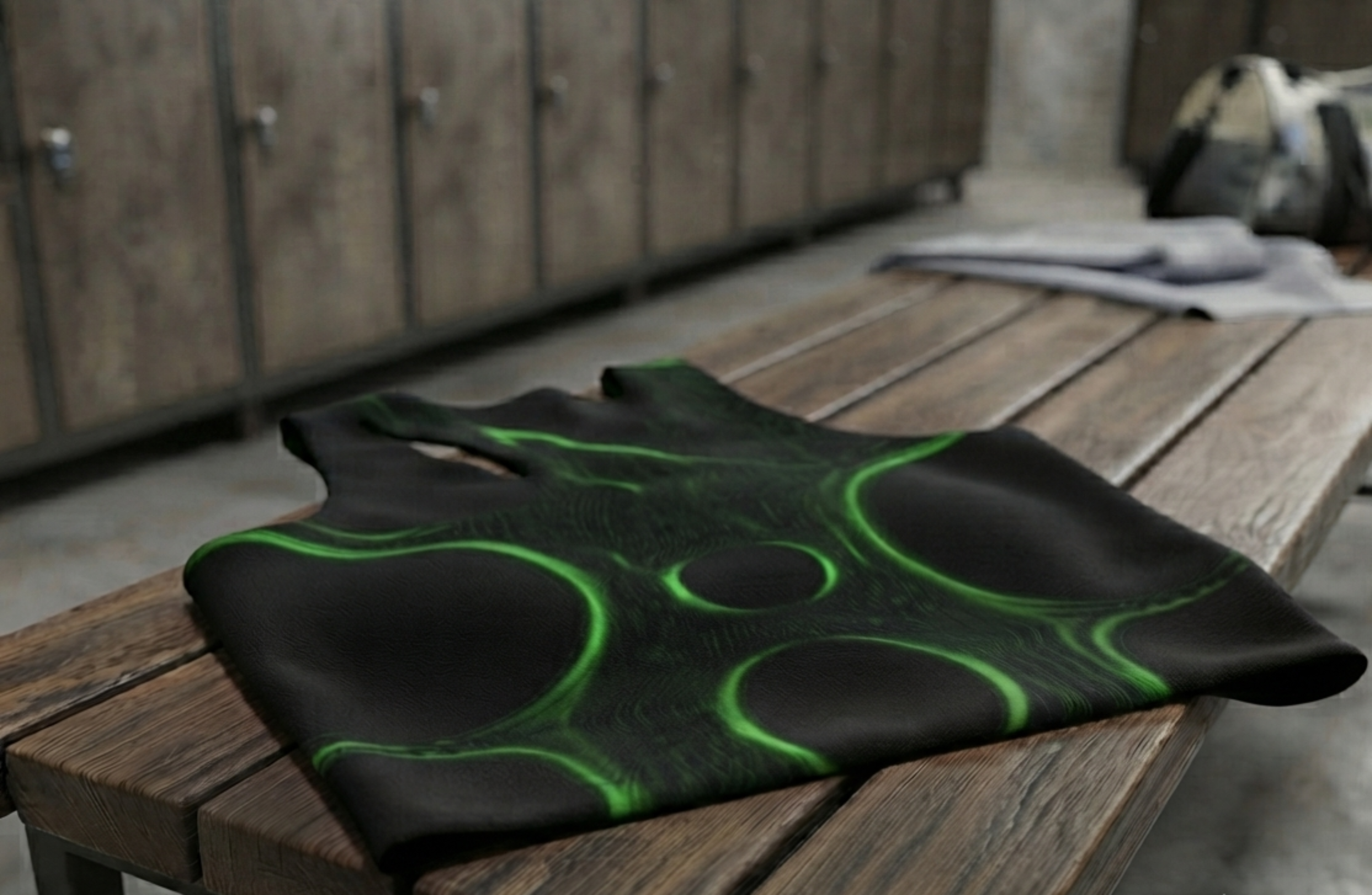 A black sleeveless top with a neon green abstract circular pattern, laid flat on a wooden bench in front of metal lockers.