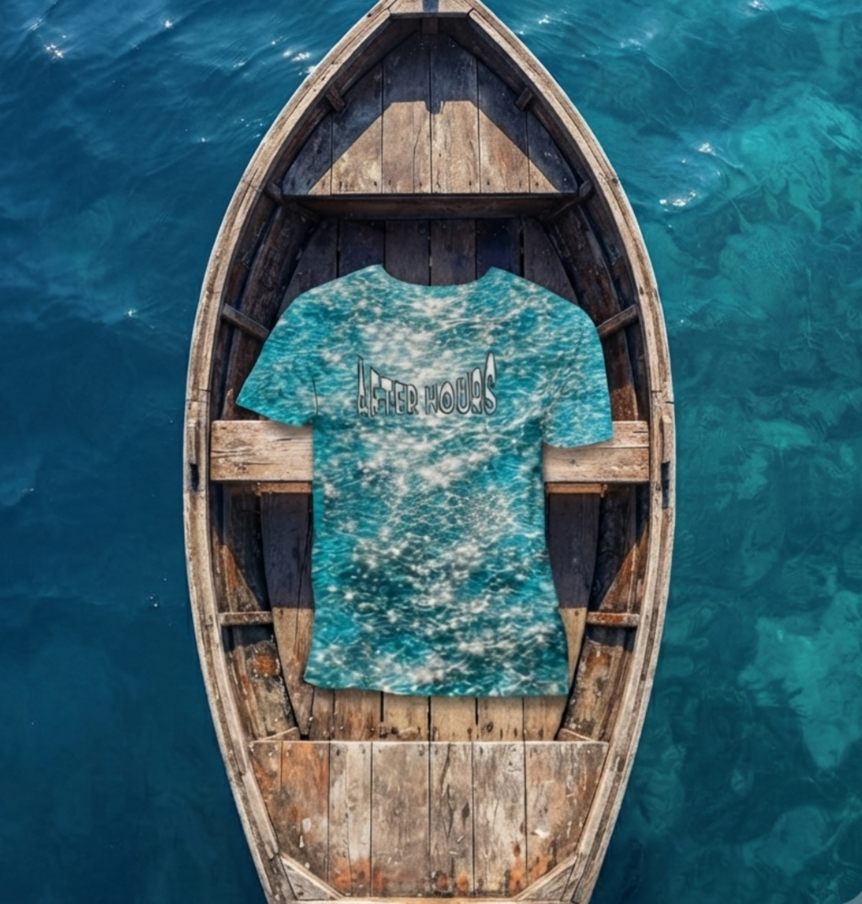 A blue and white sun glint t-shirt with AFTER HOURS text on thee chest is displayed flat on the seat of a wooden rowboat, photographed from a top-down aerial perspective over clear turquoise ocean water.