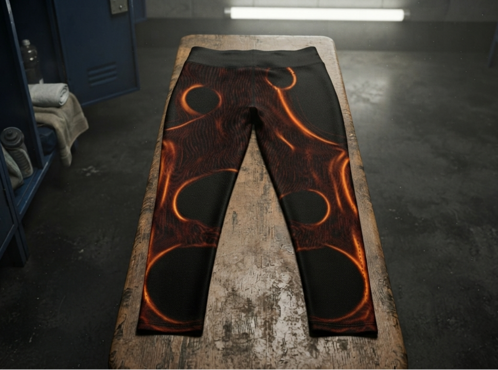 Black leggings with a glowing orange circular graphic pattern, laid flat on a wooden table in a locker room setting.