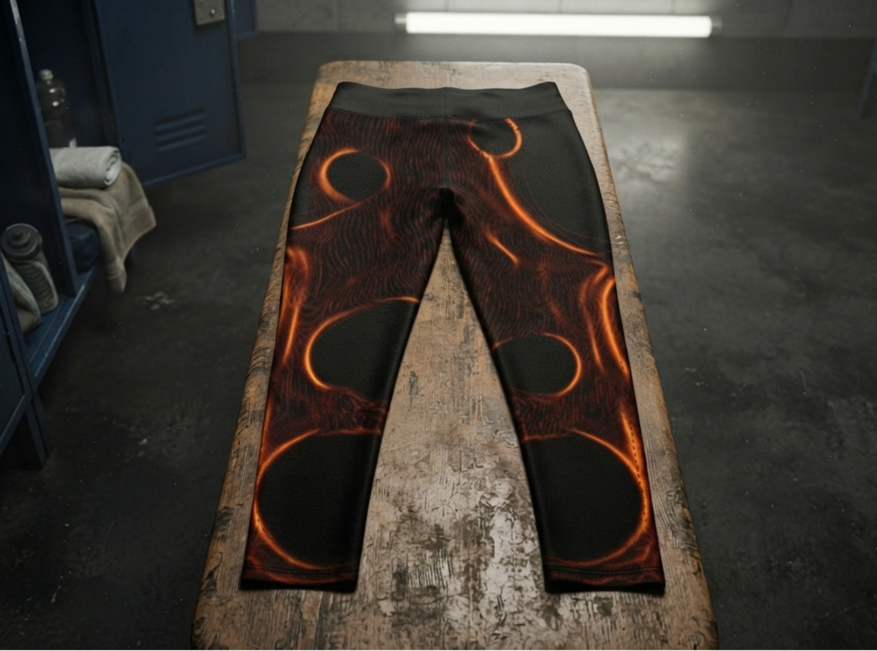 Black leggings with a glowing orange circular graphic pattern, laid flat on a wooden table in a locker room setting.