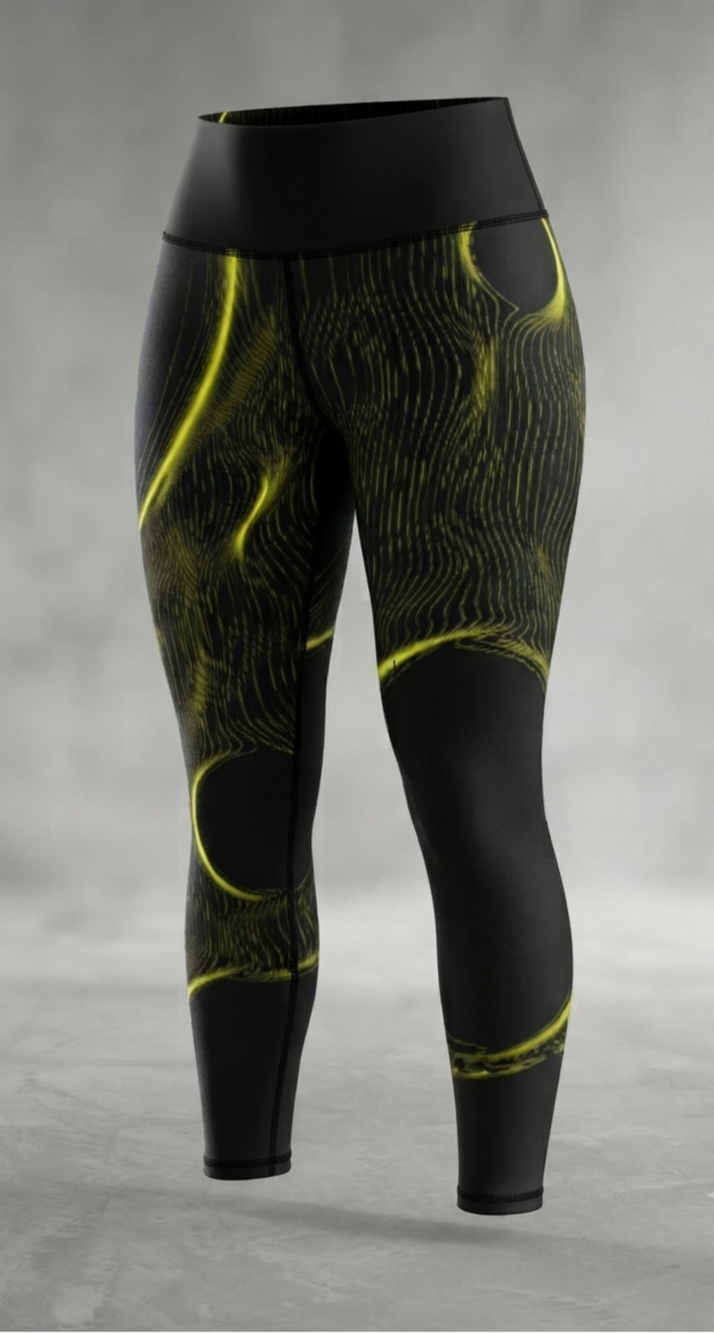 Black high-waisted leggings with a neon yellow abstract wavy line pattern, displayed on a gray studio background.