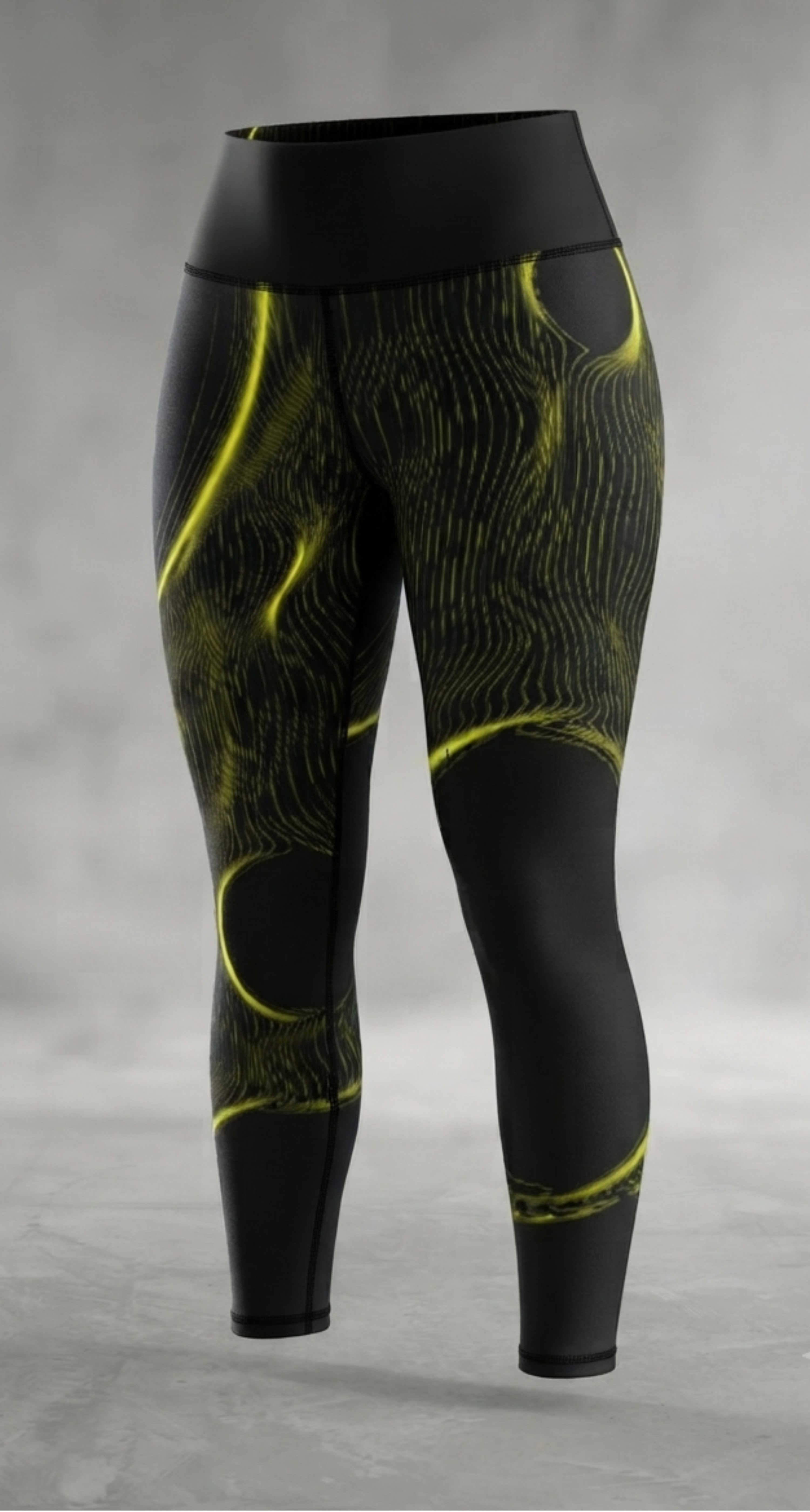 Black high-waisted leggings with a neon yellow abstract wavy line pattern, displayed on a gray studio background.