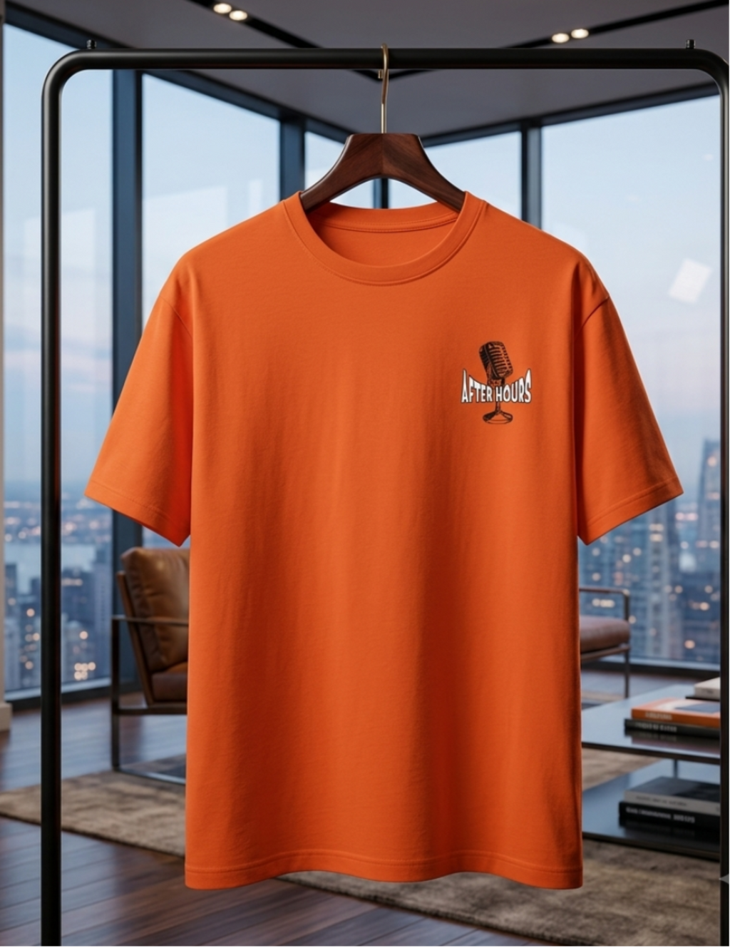 An orange short-sleeve crewneck t-shirt with a small graphic on the left chest, hanging on a black clothing rack in a modern room with a city skyline view.