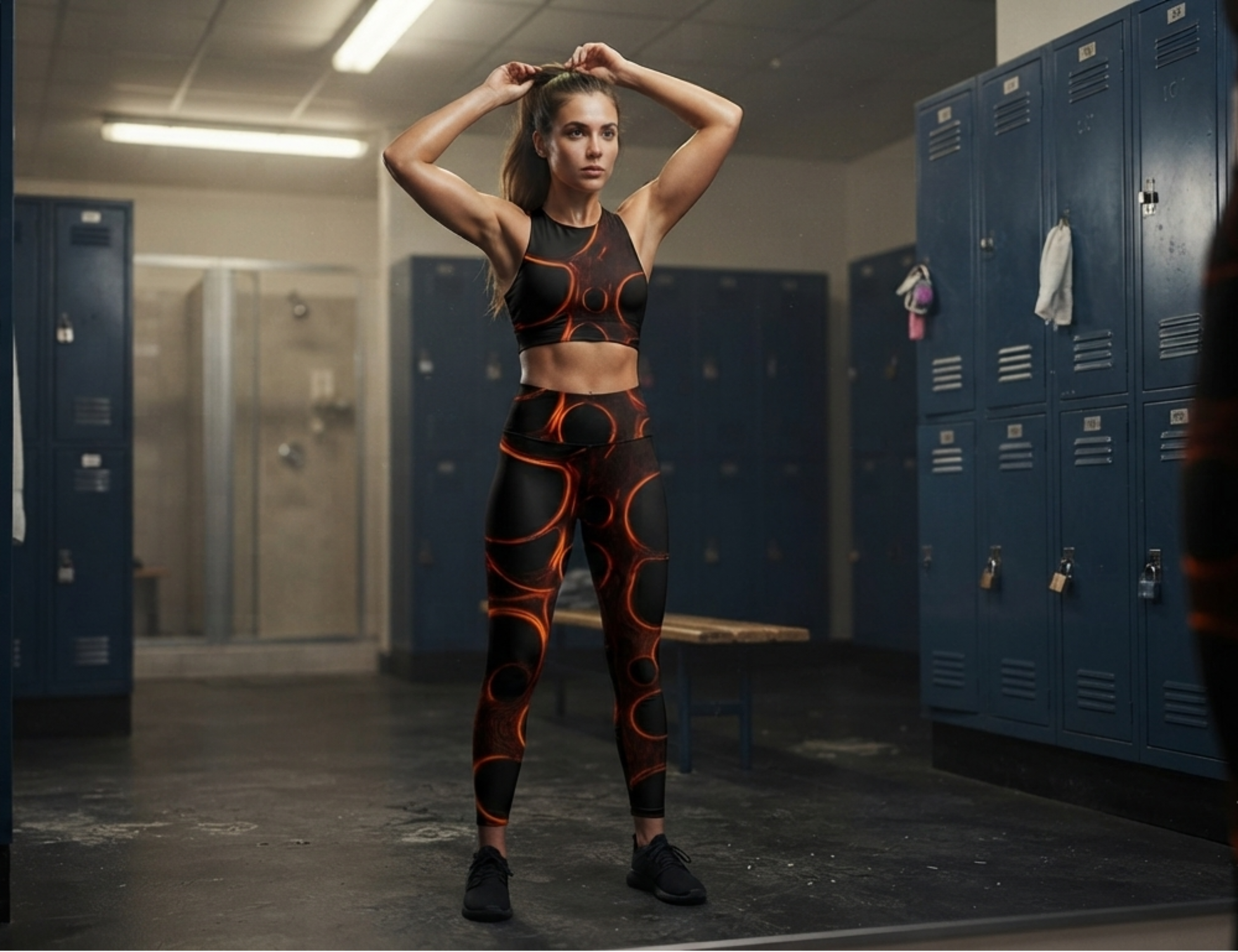 A woman stands in a locker room wearing a matching black and orange patterned activewear set consisting of a sports bra and leggings. Blue lockers line both sides of the hallway.