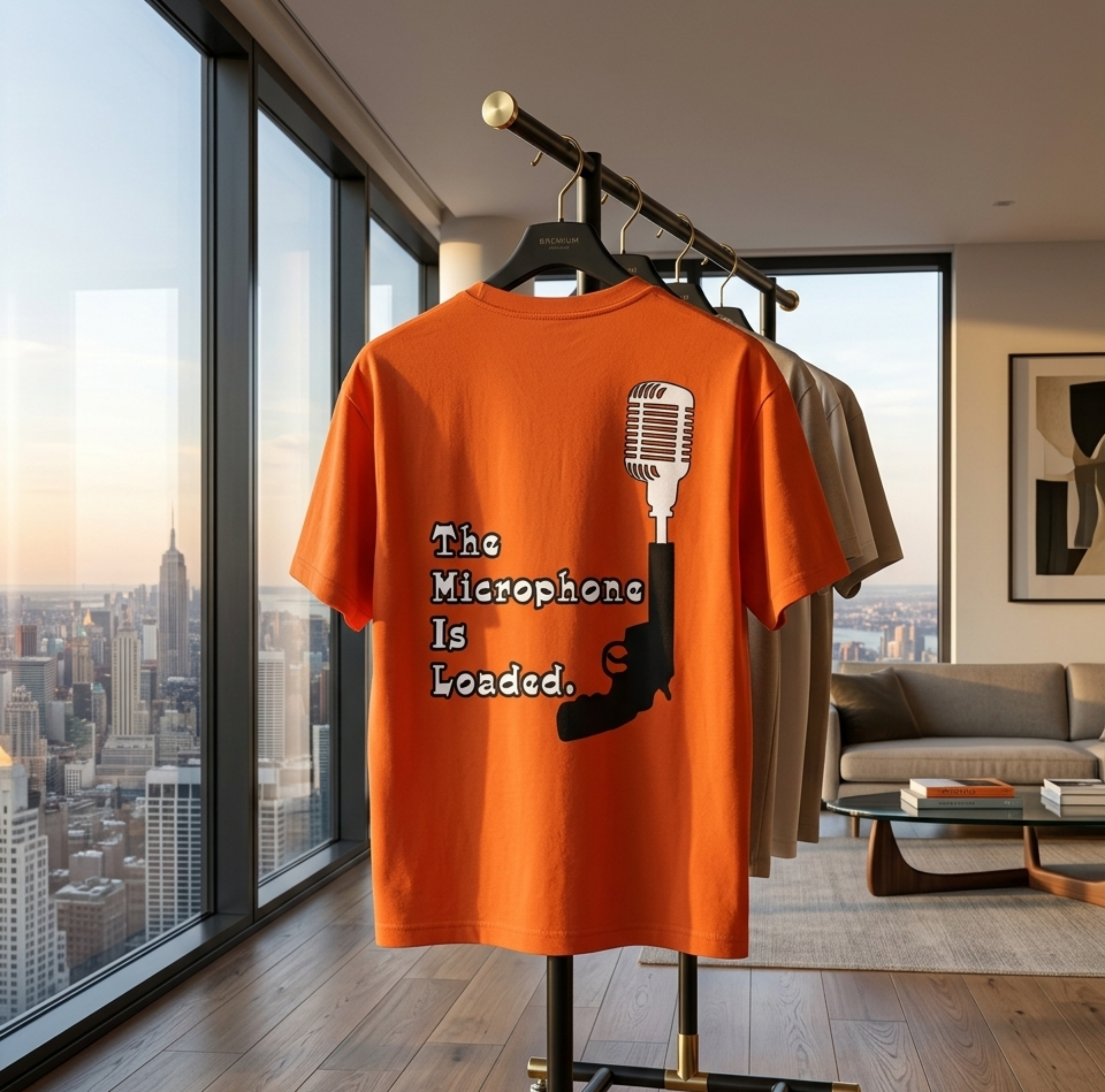 An orange graphic T-shirt displayed on a clothing rack in a modern apartment interior with large windows overlooking a city skyline. The shirt has a black retro microphone graphic and the text 'The Microphone Is Loaded.
