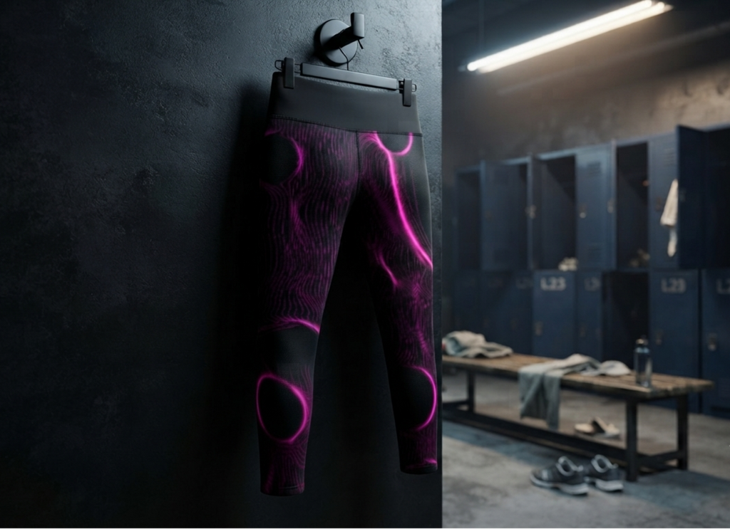 Black leggings with a vibrant pink abstract circular pattern hanging on a wall hook, with a dark gym locker room in the background.
