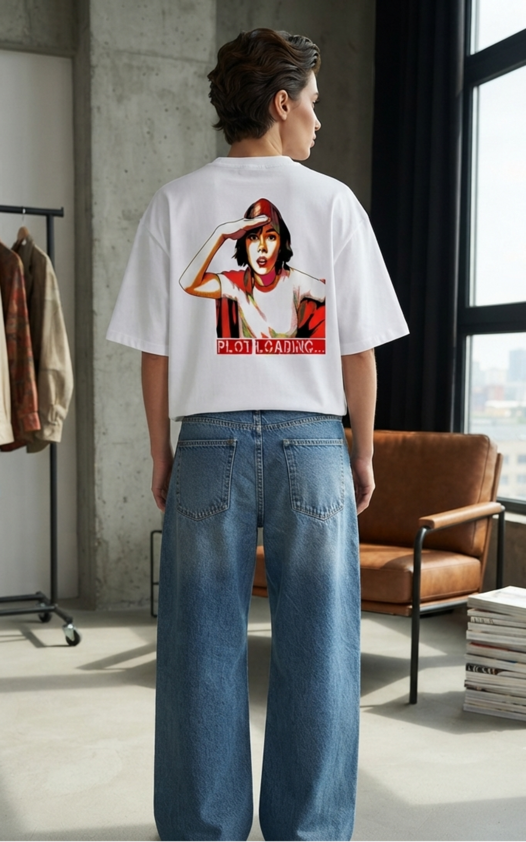 A model from behind wearing a white graphic t-shirt with a red and white 'PLOT LOADING' art print on the back, paired with wide-leg blue jeans in a modern loft setting with a window, chair, and clothing rack.