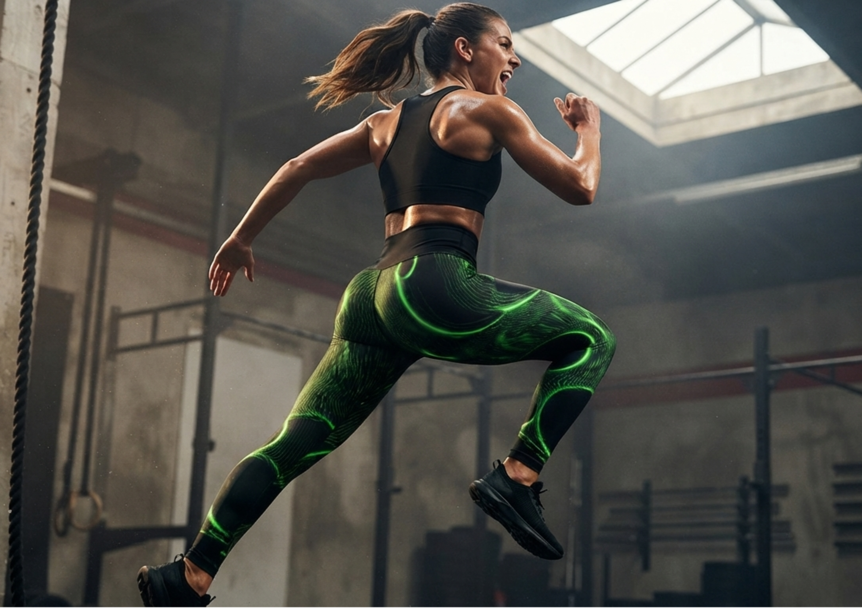 A woman in a black sports bra and green patterned leggings jumps dynamically in an industrial gym setting with dramatic overhead lighting.