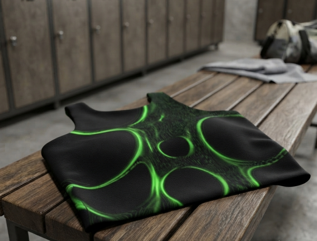 A black athletic sports crop top with a bright green glowing abstract pattern, resting on a wooden bench in a locker room.