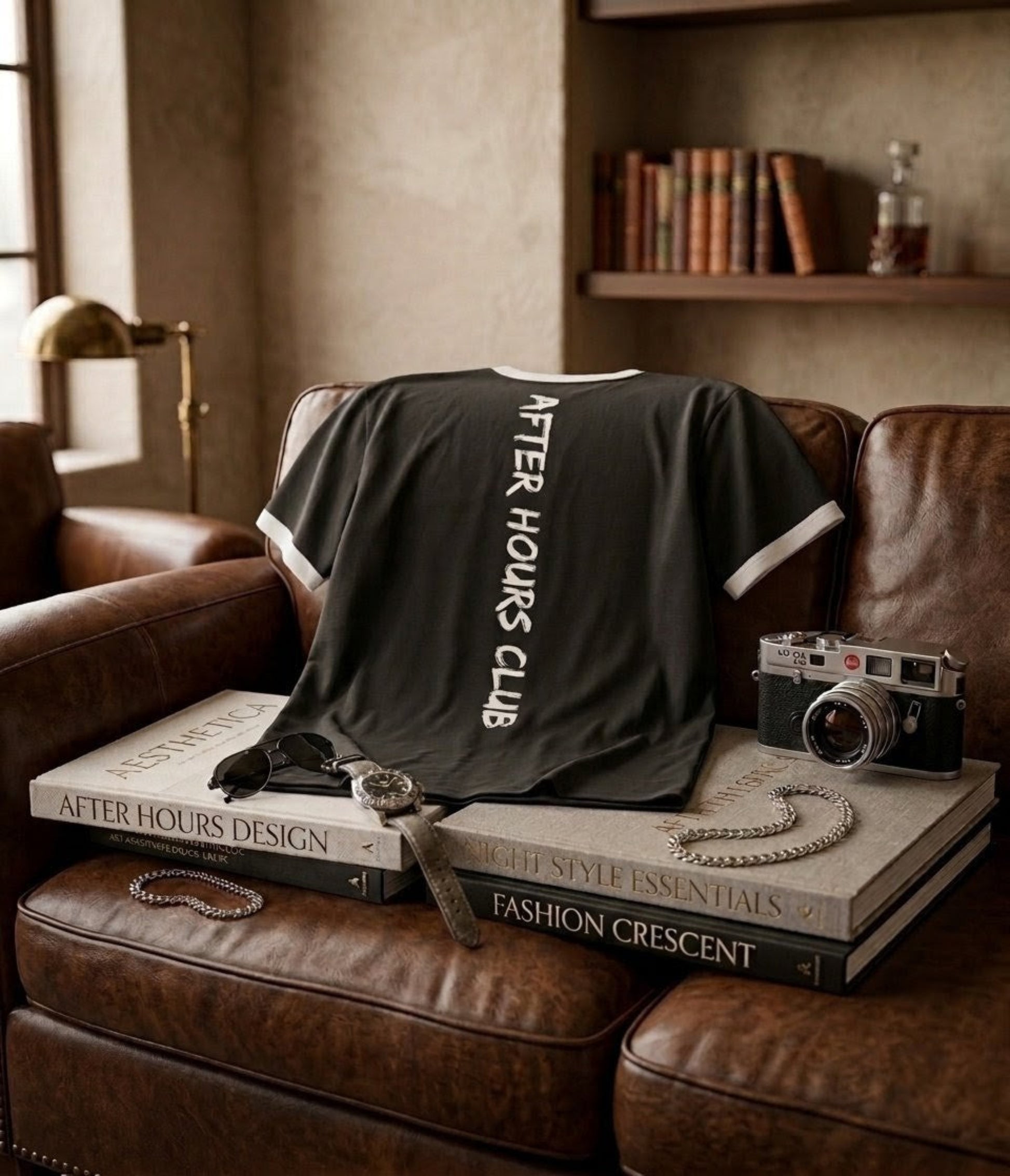Black t-shirt with 'After Hours Club' text draped over books on a brown leather couch.