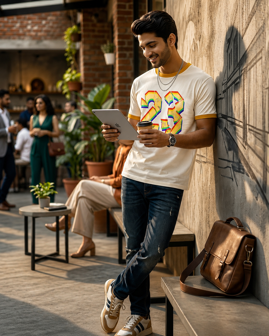 Man leaning against a wall, using a tablet and coffee, with a casual setting in the background.