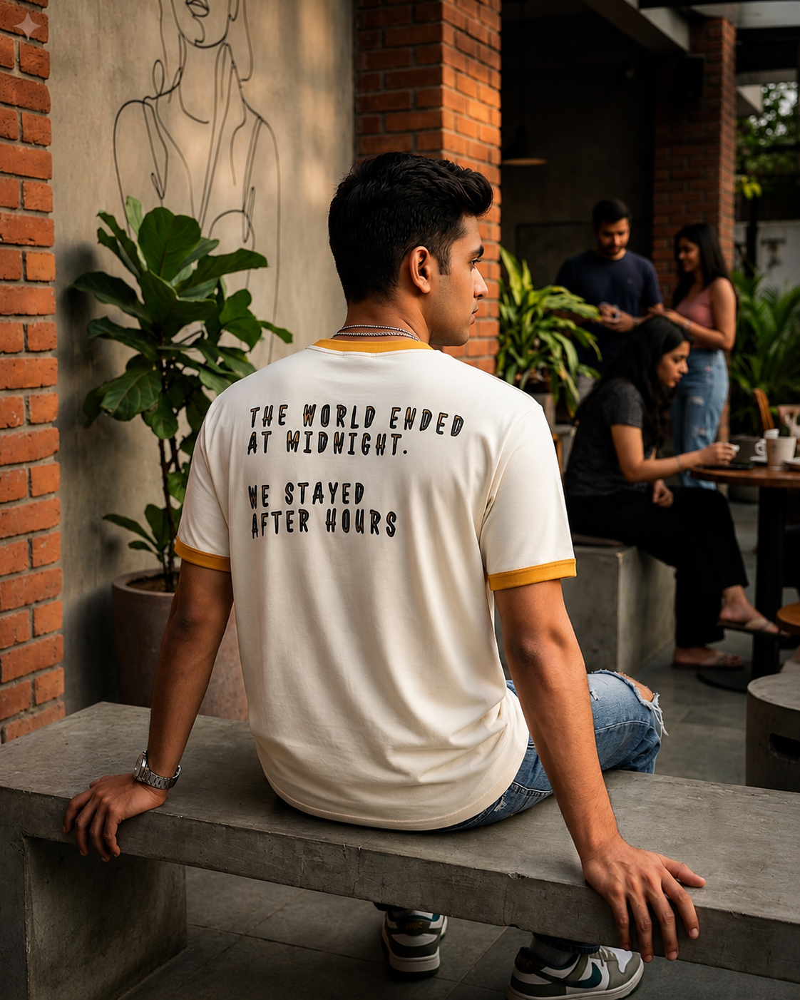 Person wearing a white t-shirt with text, sitting outdoors with plants and people in the background.