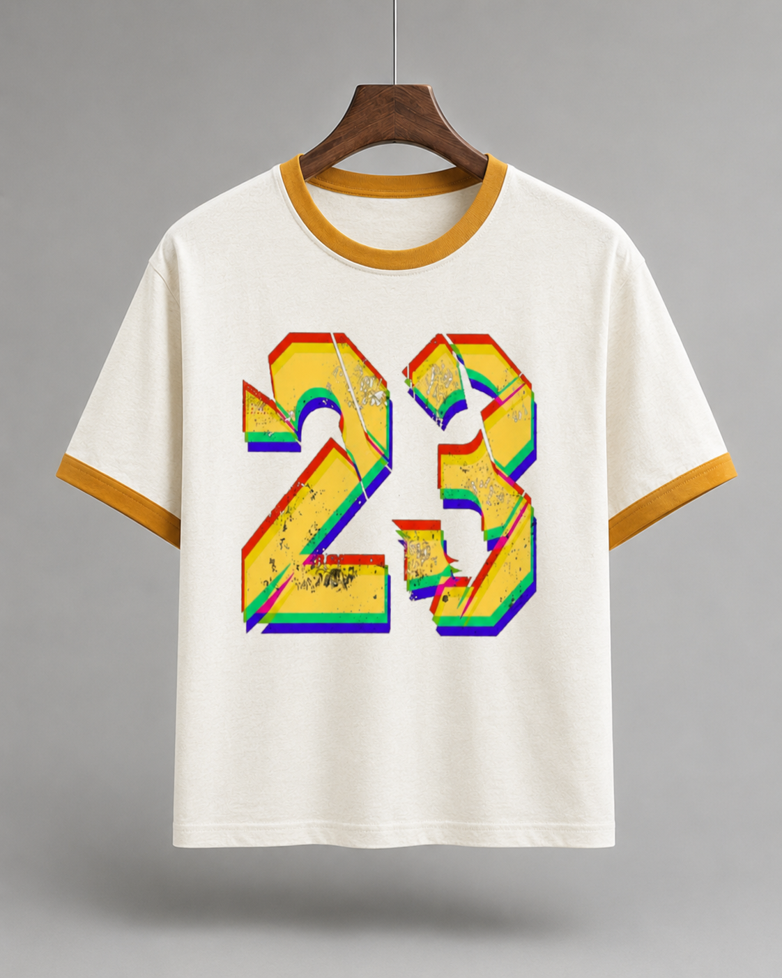 White t-shirt with colorful number 23 design on a hanger against a gray background