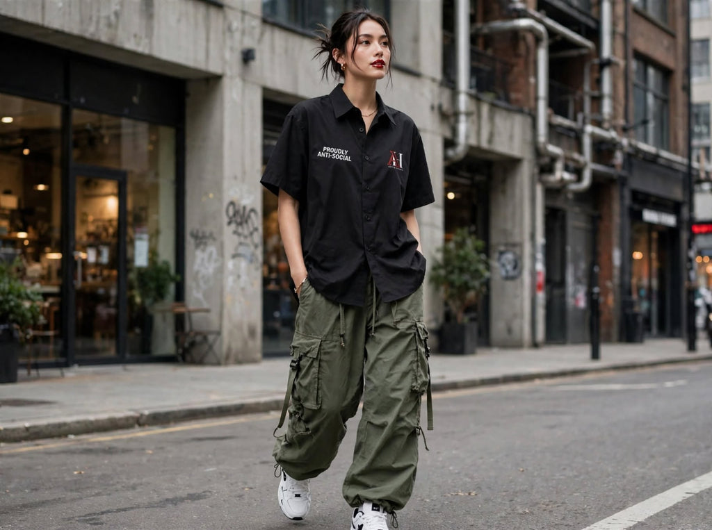 A woman walking on an urban street wearing a black short-sleeve button-up shirt with white text on the chest and olive green cargo pants.