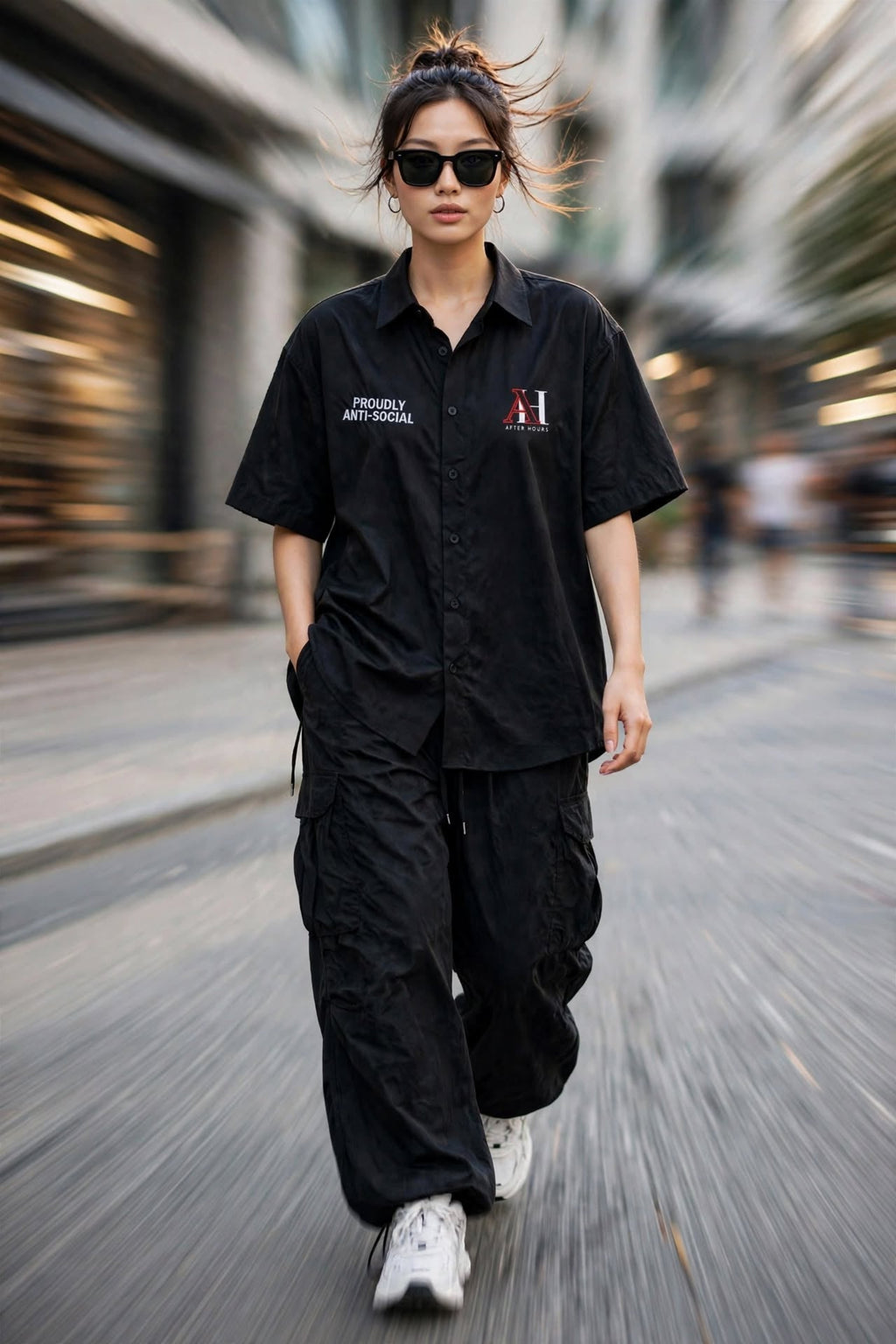 A woman walking in an urban street wearing a black short-sleeve button-up shirt with white text and a red logo on the chest, paired with black cargo pants and white sneakers.