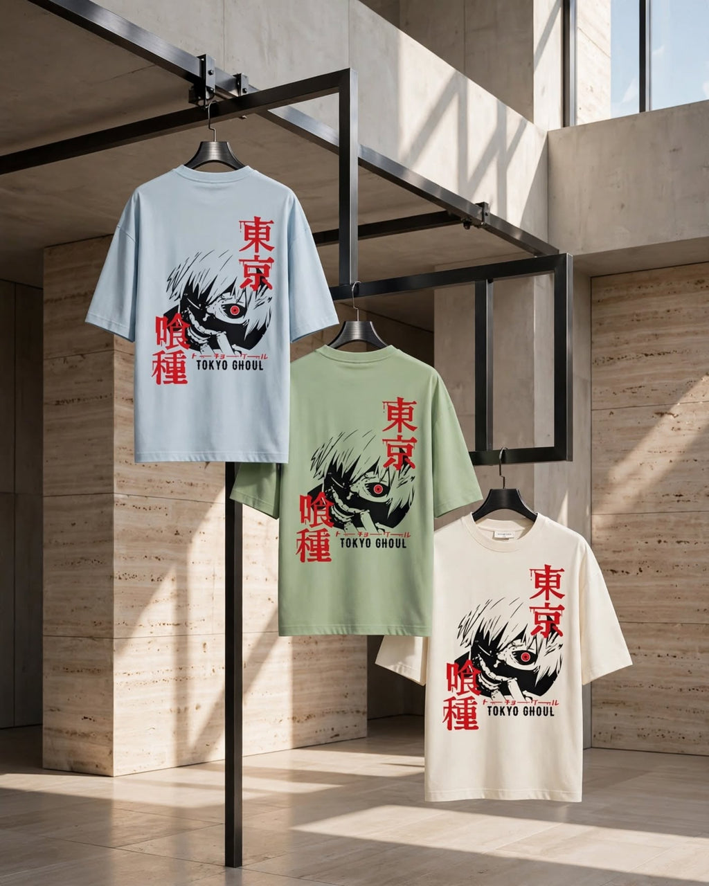 Three graphic T-shirts displayed on hangers in a modern industrial interior with wood-paneled walls and large windows. The shirts are light blue, sage green, and cream, each featuring a black anime-style character graphic, red Japanese text, and 'Tokyo Ghoul' printed vertically on the back.