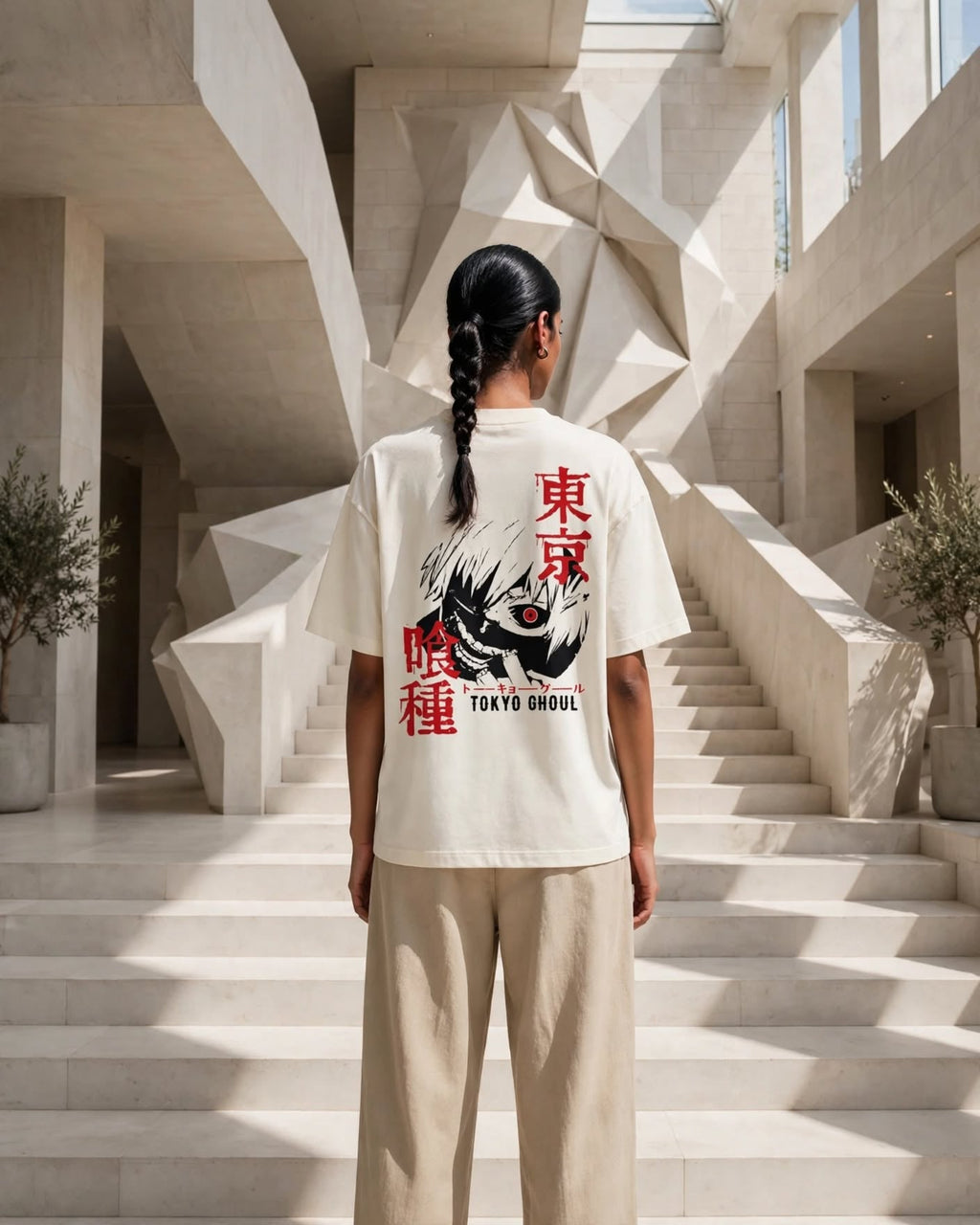 A person standing on stone stairs in a modern architectural setting, viewed from behind, wearing a cream-colored graphic T-shirt with red and black Japanese text and a TOKYO GHOUL illustration, paired with beige pants.