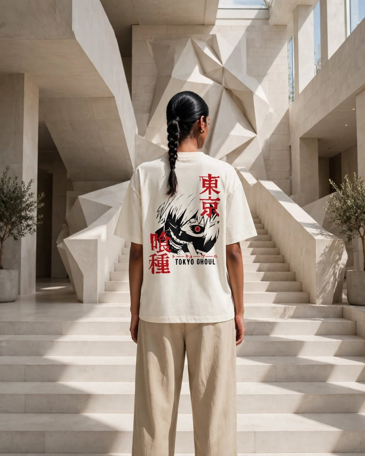 A person standing on stone stairs in a modern architectural setting, viewed from behind, wearing a cream-colored graphic T-shirt with red and black Japanese text and a TOKYO GHOUL illustration, paired with beige pants.