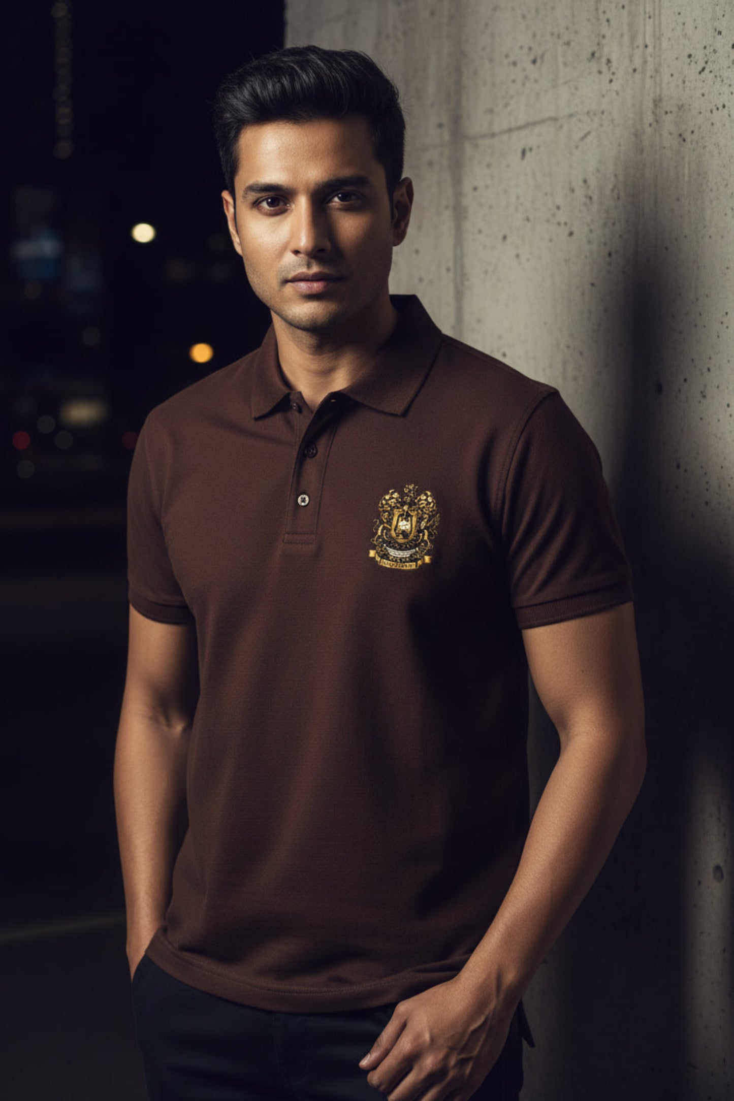 Maroon polo shirt with the After Hours Coat of Arms emblem on a grey background