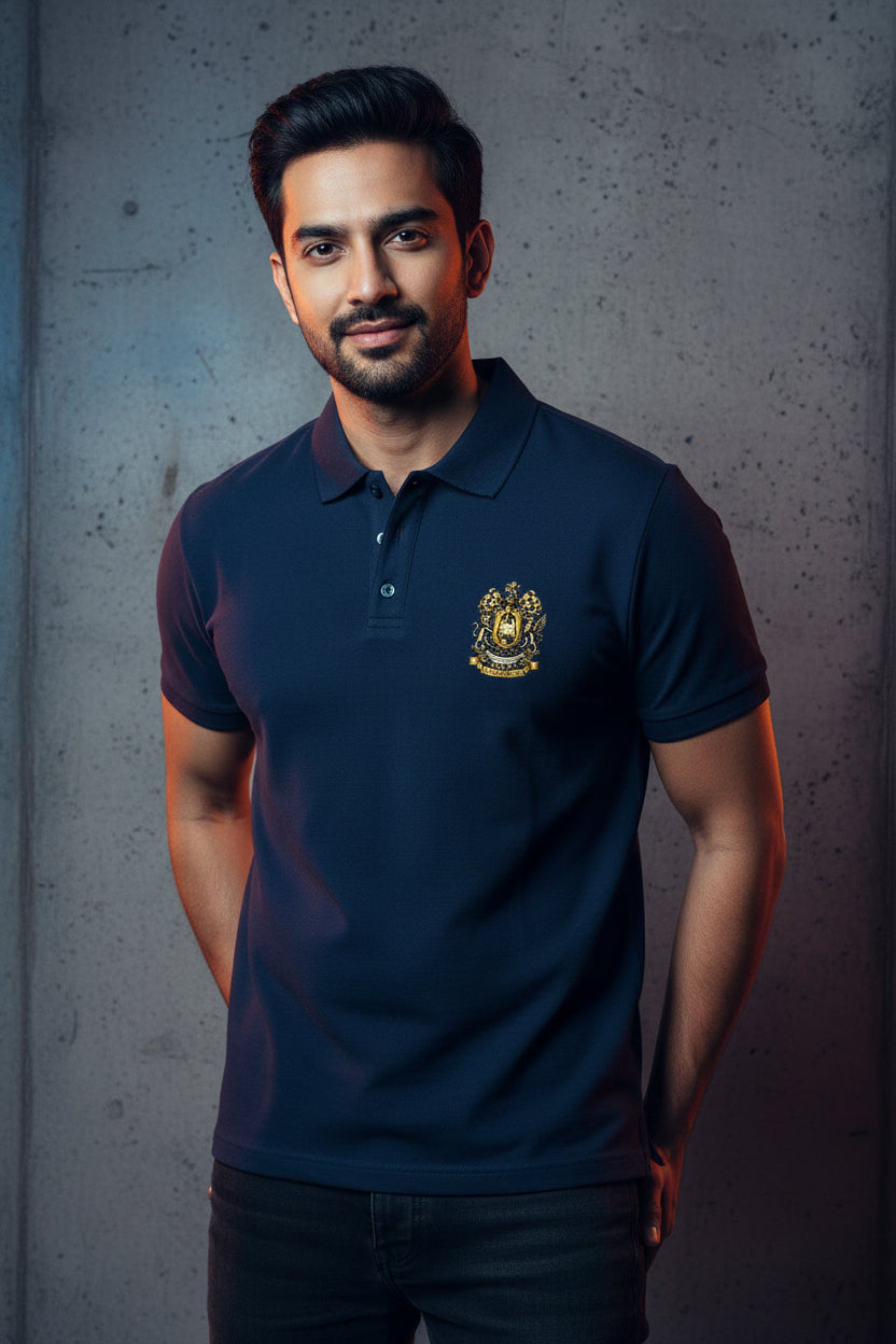 Navy blue polo shirt with the After Hours Coat of Arms emblem on a grey textured wall background