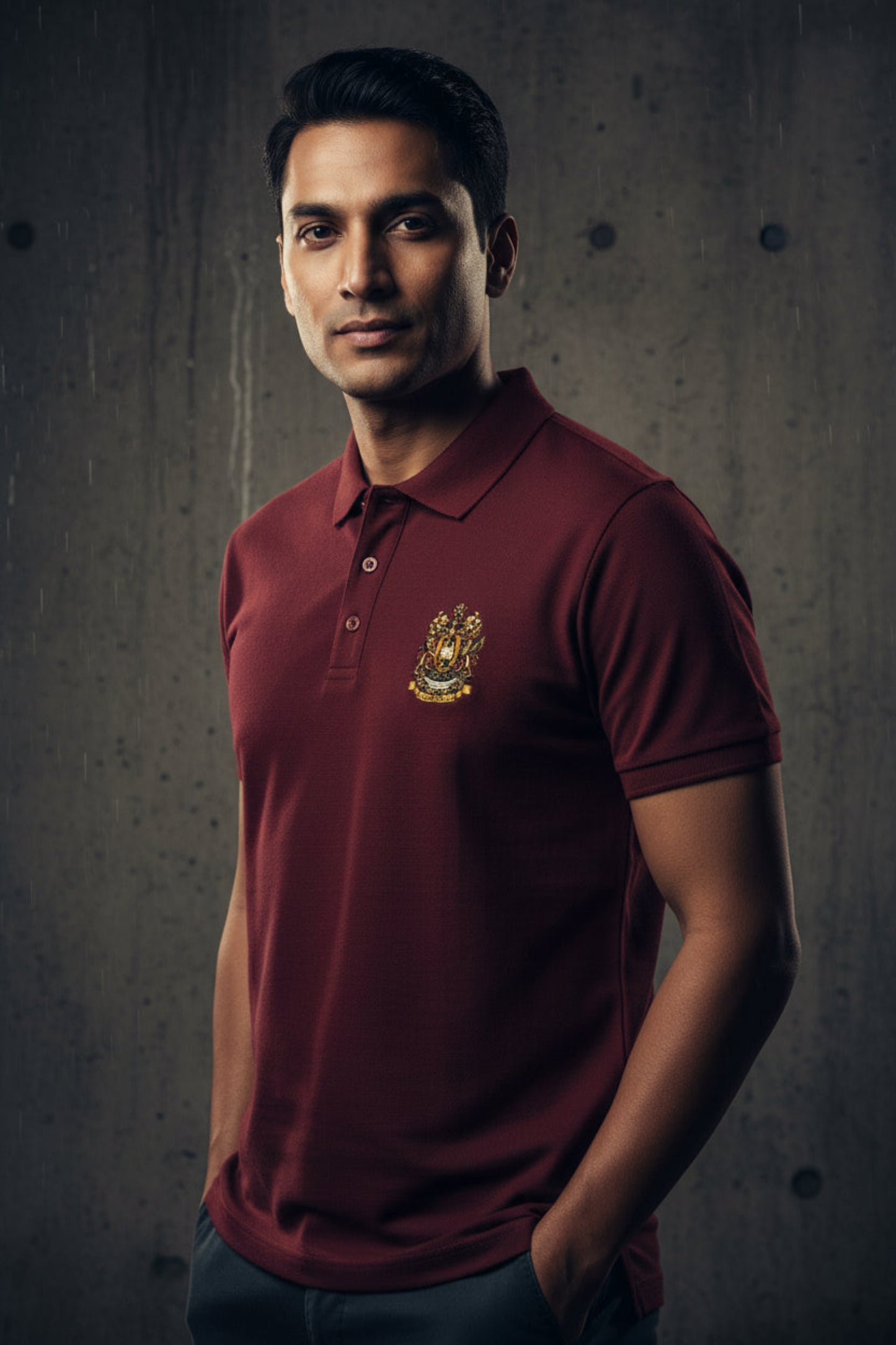 Brick red polo shirt with the After Hours Coat of Arms emblem on a grey background