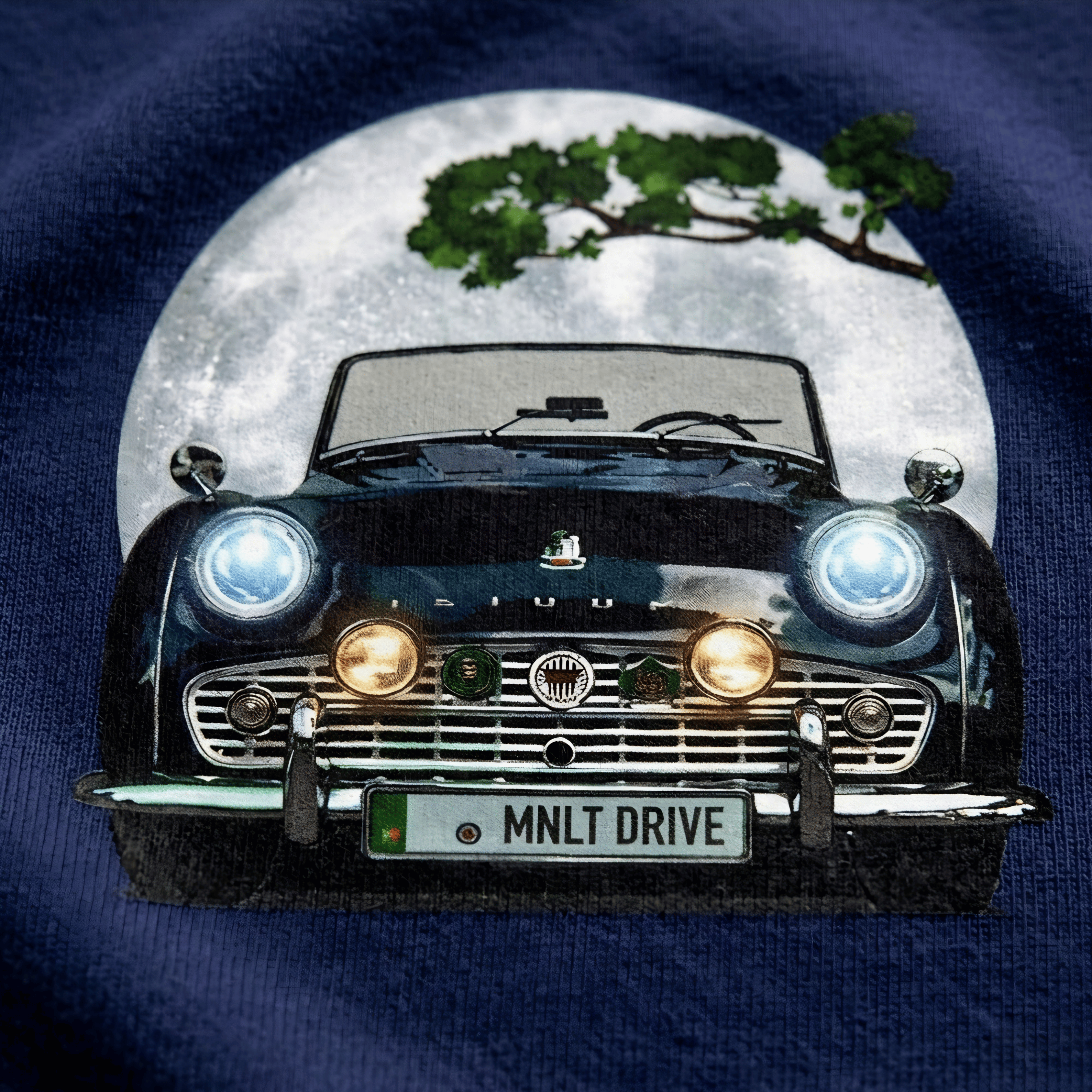 Vintage car design on a blue fabric background with moon and tree graphic