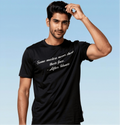 A man wearing a black short-sleeve t-shirt with white script text that reads 'Some masters never show their face. - After Hours', set against a light blue gradient background.