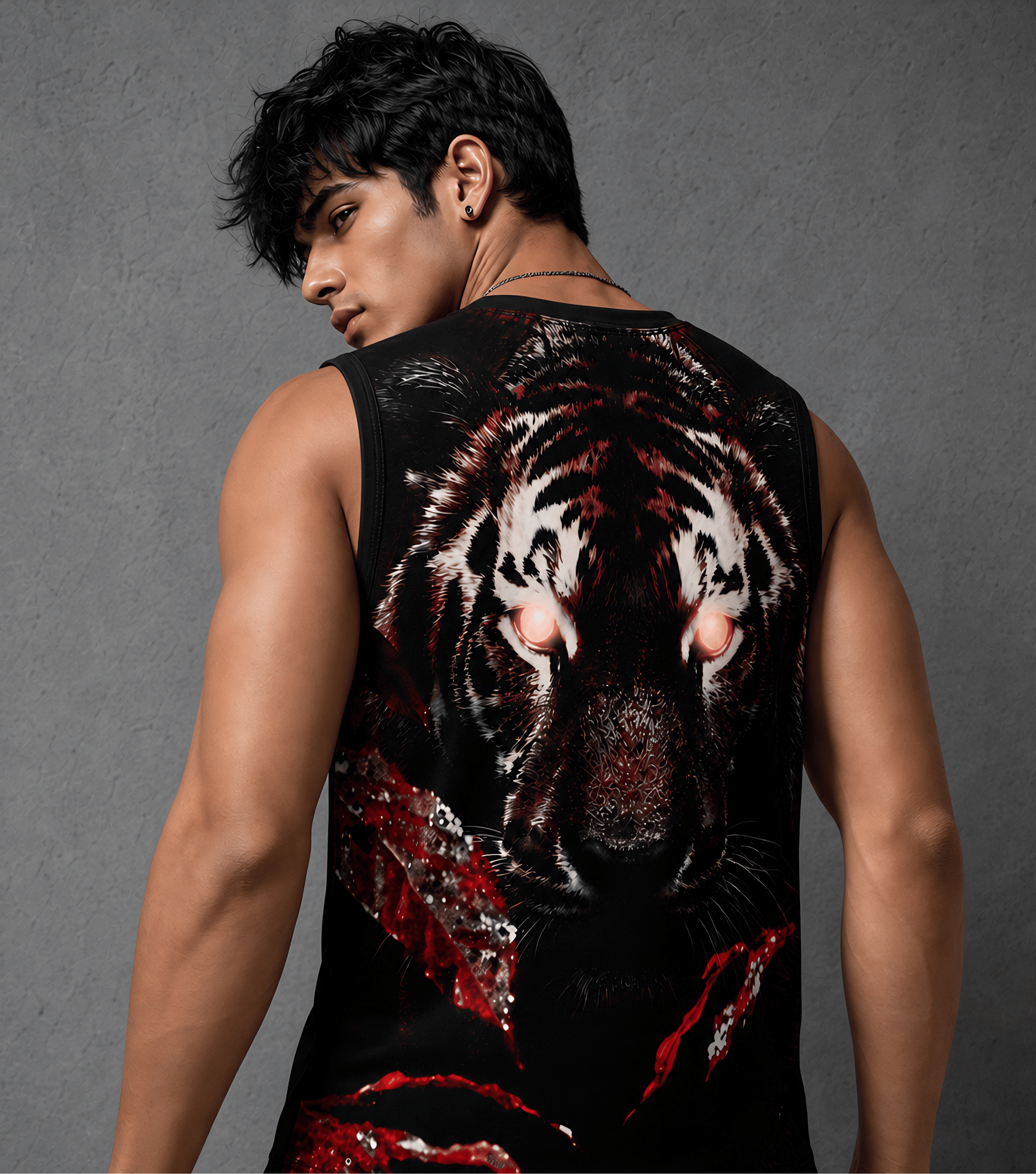 Person wearing a tank top with a tiger design on a gray background