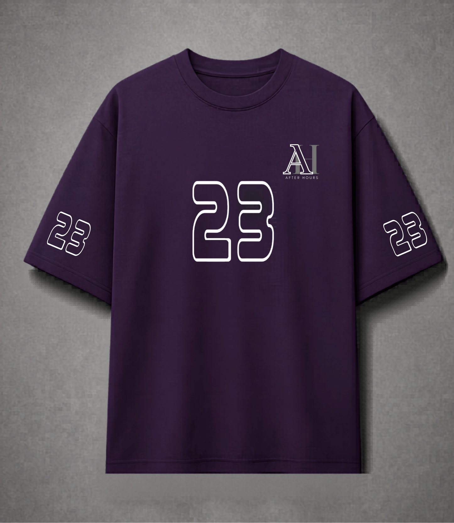 Purple t-shirt with '23' and logo on a gray background