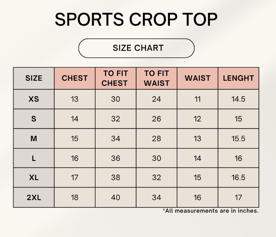 A size chart graphic for a sports crop top, showing a table with sizes XS through 2XL and measurements for chest, to fit chest, to fit waist, waist, and length in inches.