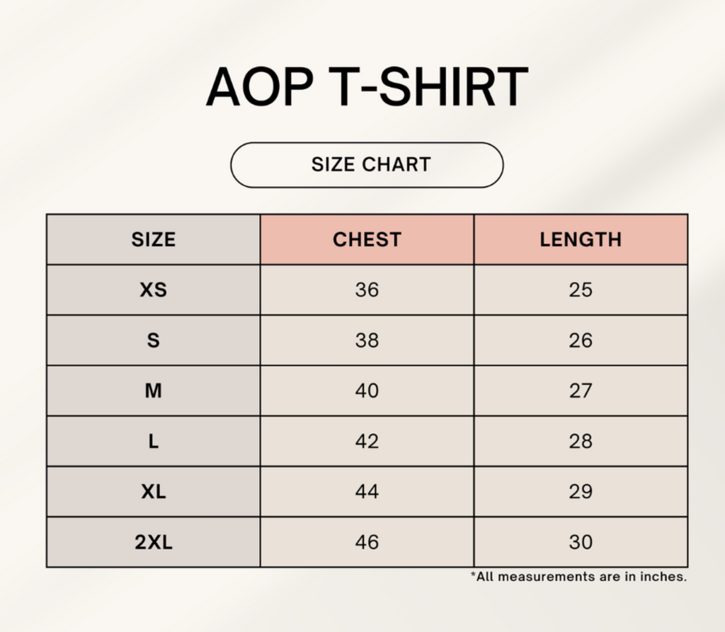 A size chart graphic for an AOP T-shirt, showing a table with sizes XS through 2XL, chest measurements in inches, and lengths in inches on a light beige background.