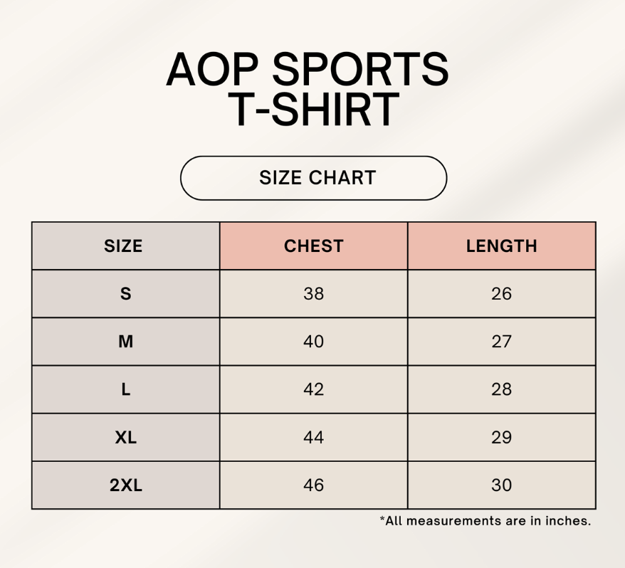 A size chart graphic for an AOP Sports T-Shirt, showing measurements in inches for sizes S through 2XL, with chest and length columns on a light background.
