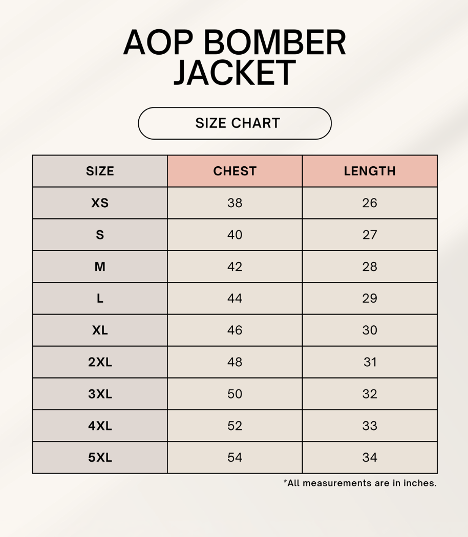 A size chart graphic for an AOP bomber jacket, showing a table with sizes XS through 5XL, chest measurements in inches, and corresponding lengths from 26 to 34.