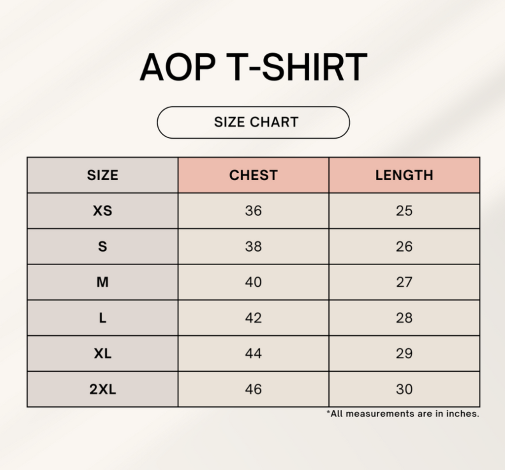 A size chart graphic for an AOP T-shirt showing chest and length measurements by size from XS to 2XL on a light beige background.