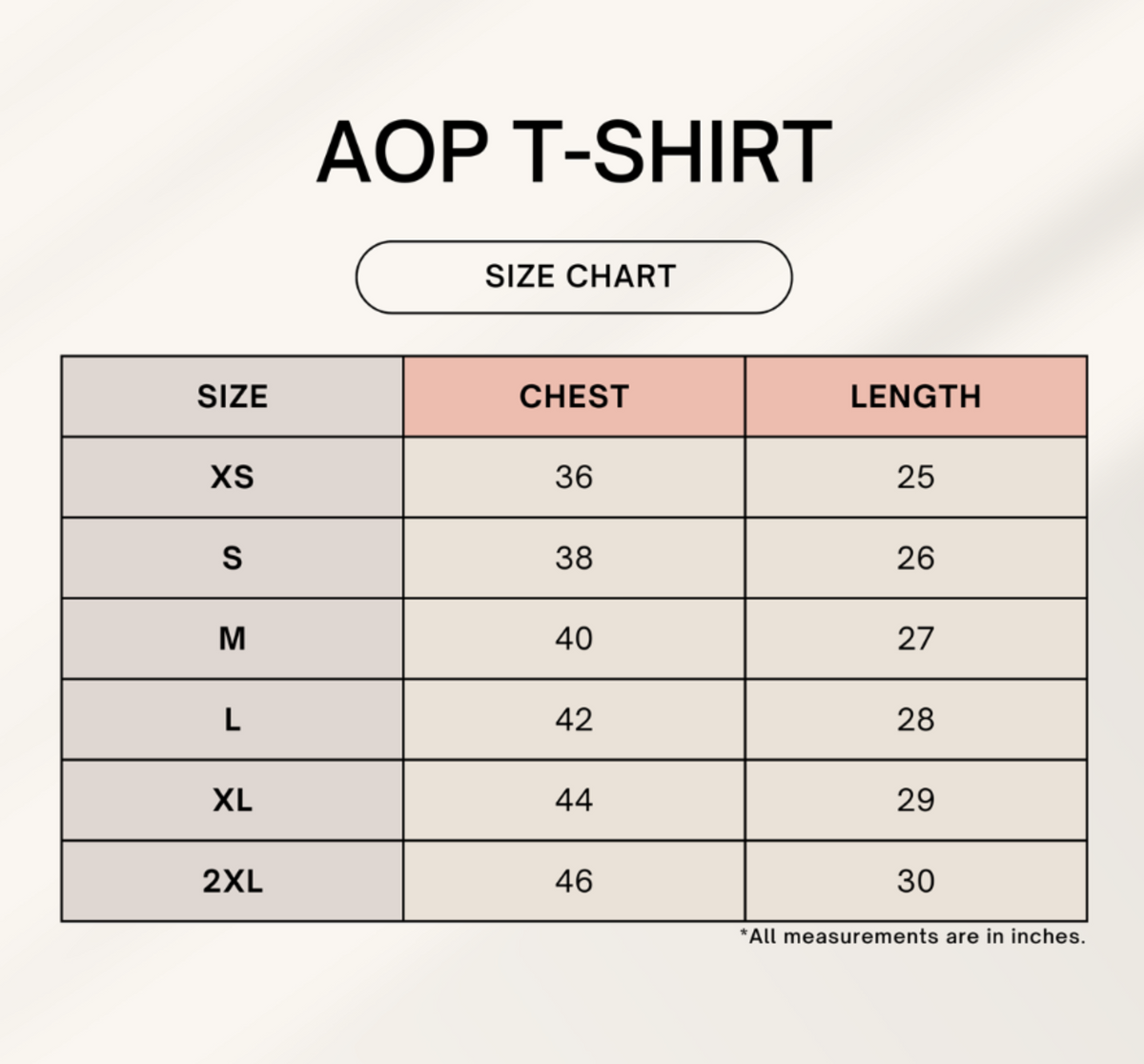 A size chart graphic for an AOP T-shirt showing chest and length measurements by size from XS to 2XL on a light beige background.
