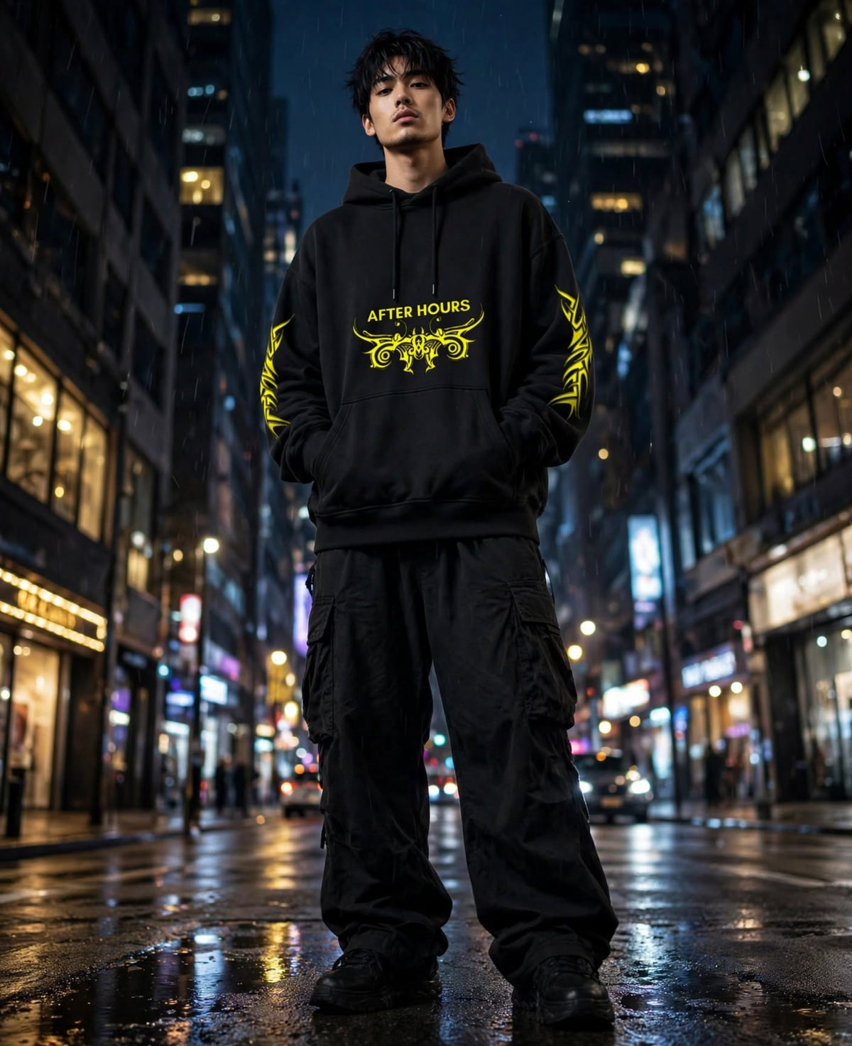 A man stands on a wet city street at night wearing a black hoodie with yellow graphic text reading 'AFTER HOURS' and yellow sleeve designs, paired with black cargo pants.
