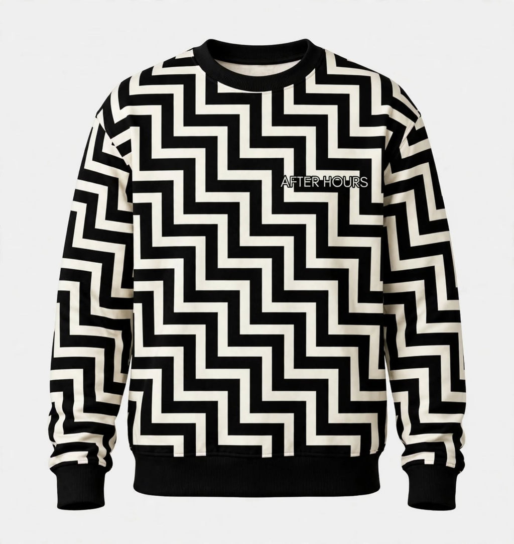 A crewneck sweatshirt featuring a bold black and off-white zigzag geometric pattern, with the brand name 'AFTER HOURS' printed in white on the chest, set against a plain light grey background.