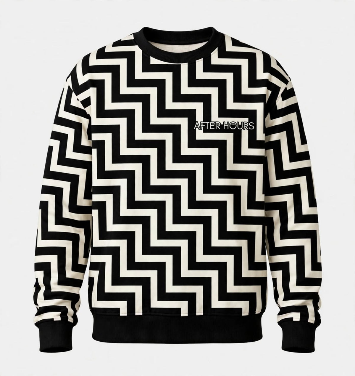 A crewneck sweatshirt featuring a bold black and off-white zigzag geometric pattern, with the brand name 'AFTER HOURS' printed in white on the chest, set against a plain light grey background.