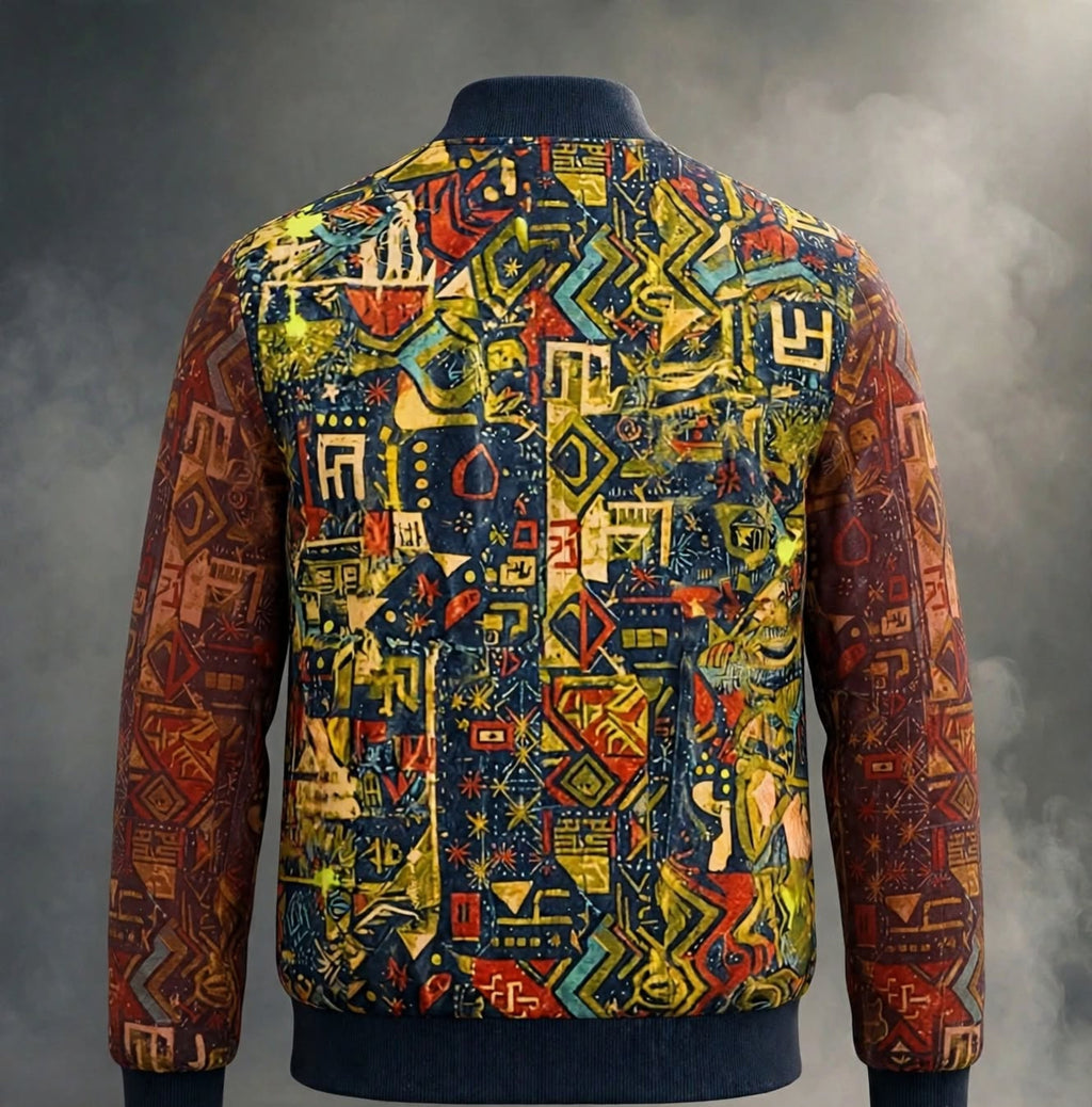 A long-sleeve bomber jacket shown from the back, featuring a highly detailed, colorful geometric and tribal-inspired print with navy blue ribbed collar, cuffs, and hem.