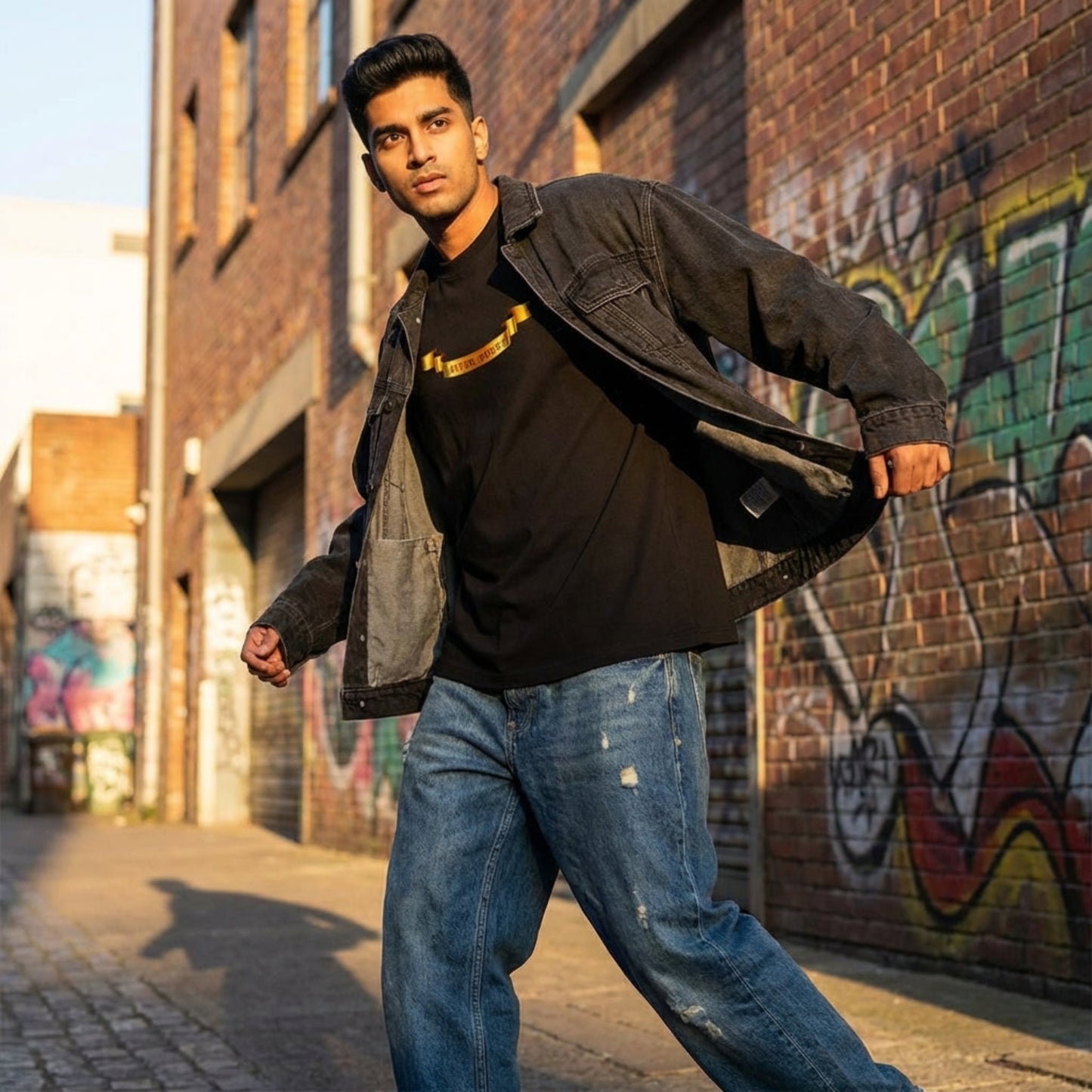 Dynamic street scene with model in motion wearing oversized tee layered under jacket in urban alley during golden hour.