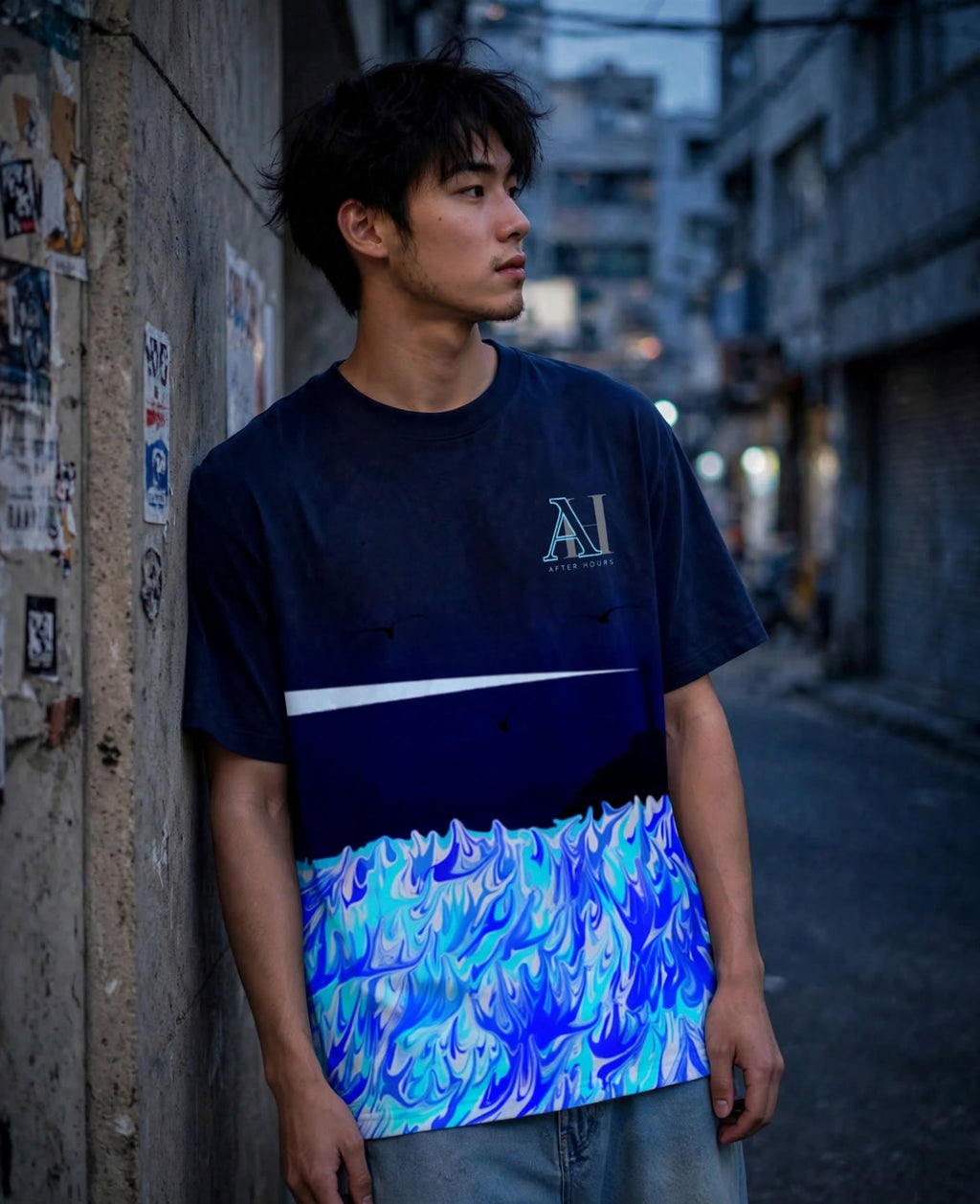 A man wearing a dark navy blue t-shirt with a white horizontal stripe and a vibrant blue and purple wave pattern at the bottom, standing in an urban alleyway.