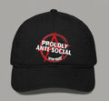 A black baseball cap featuring a red and white graphic on the front with the text 'PROUDLY ANTI-SOCIAL' and 'AFTER HOURS' inside a red anarchy symbol, shown against a solid grey background.