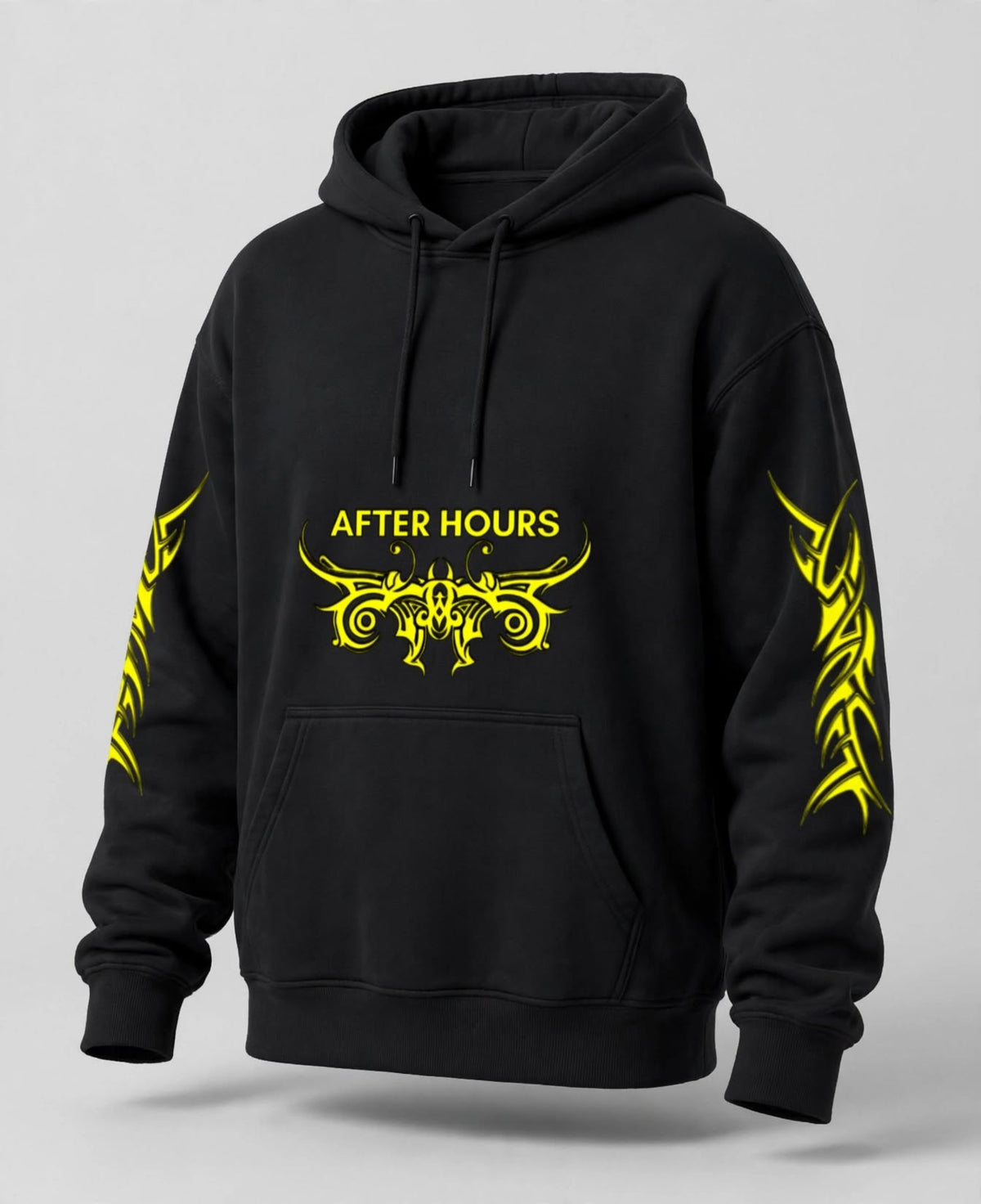 A black pullover hoodie with a yellow graphic on the chest reading 'AFTER HOURS' and matching yellow tribal-style sleeve prints, shown on a light grey background.