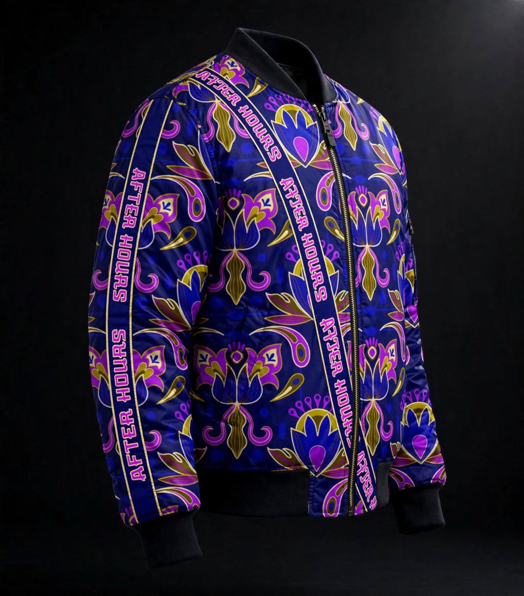 A black bomber jacket with a vibrant purple, pink, and yellow paisley pattern and 'AFTER HOURS' text on the ribbed trim, shown against a black background.