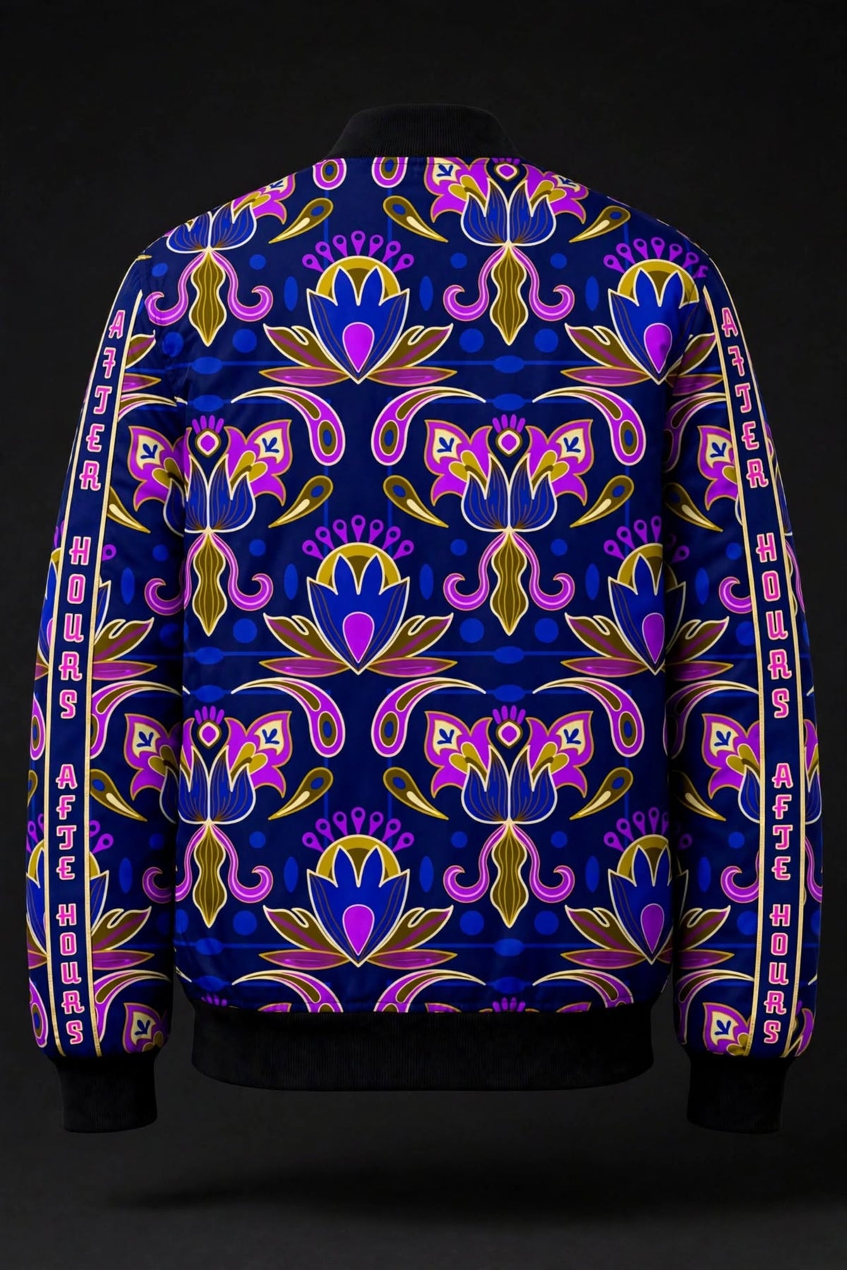 A long-sleeve bomber jacket shown from the back, featuring a vibrant, repeating psychedelic floral pattern in purple, yellow, and blue on a dark navy base. The sleeves have a yellow stripe with pink text reading 'AFTER HOURS'.