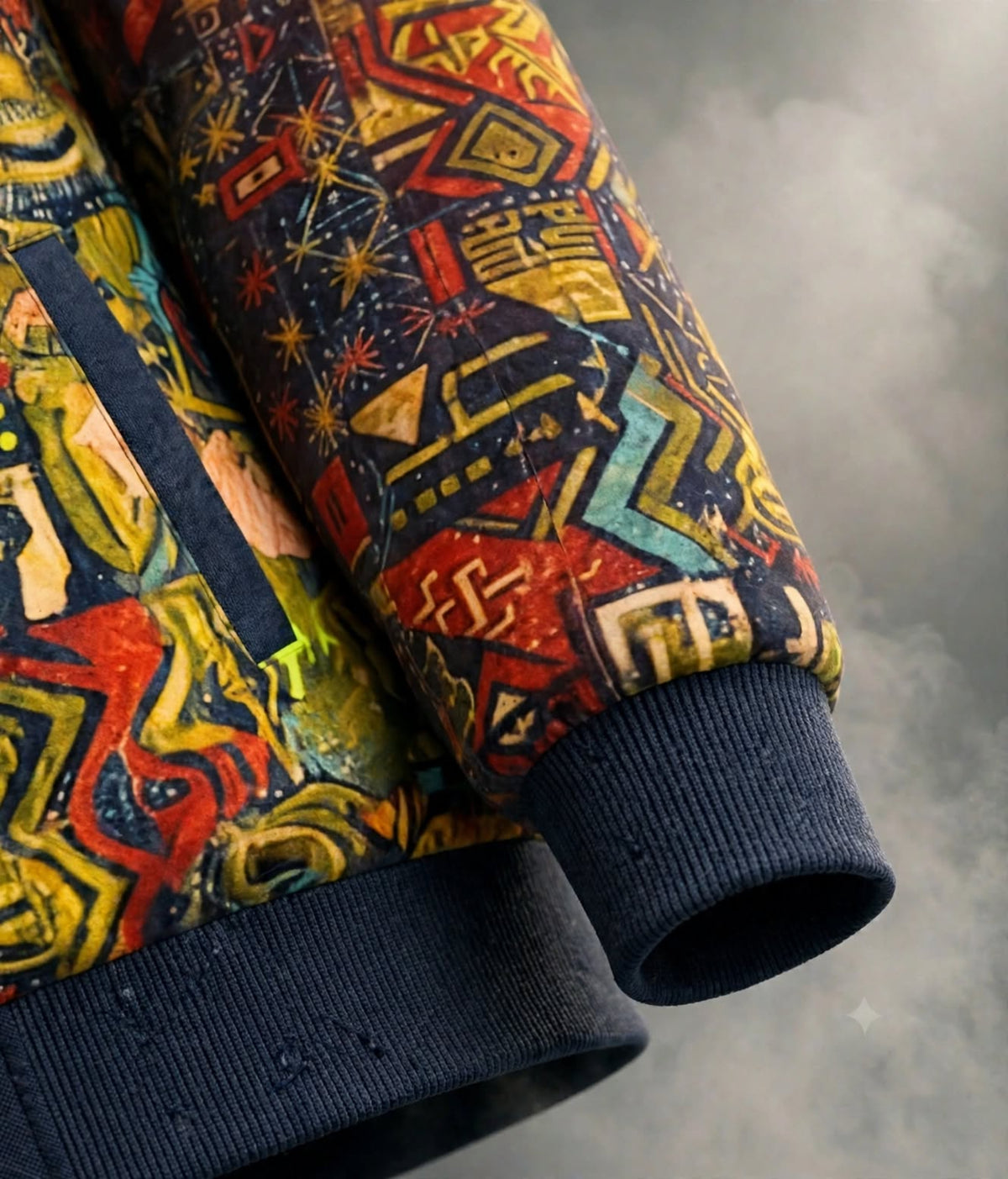 Close-up of a colorful patterned jacket with black ribbed cuffs and hem, featuring an abstract geometric print in red, yellow, blue, and green.